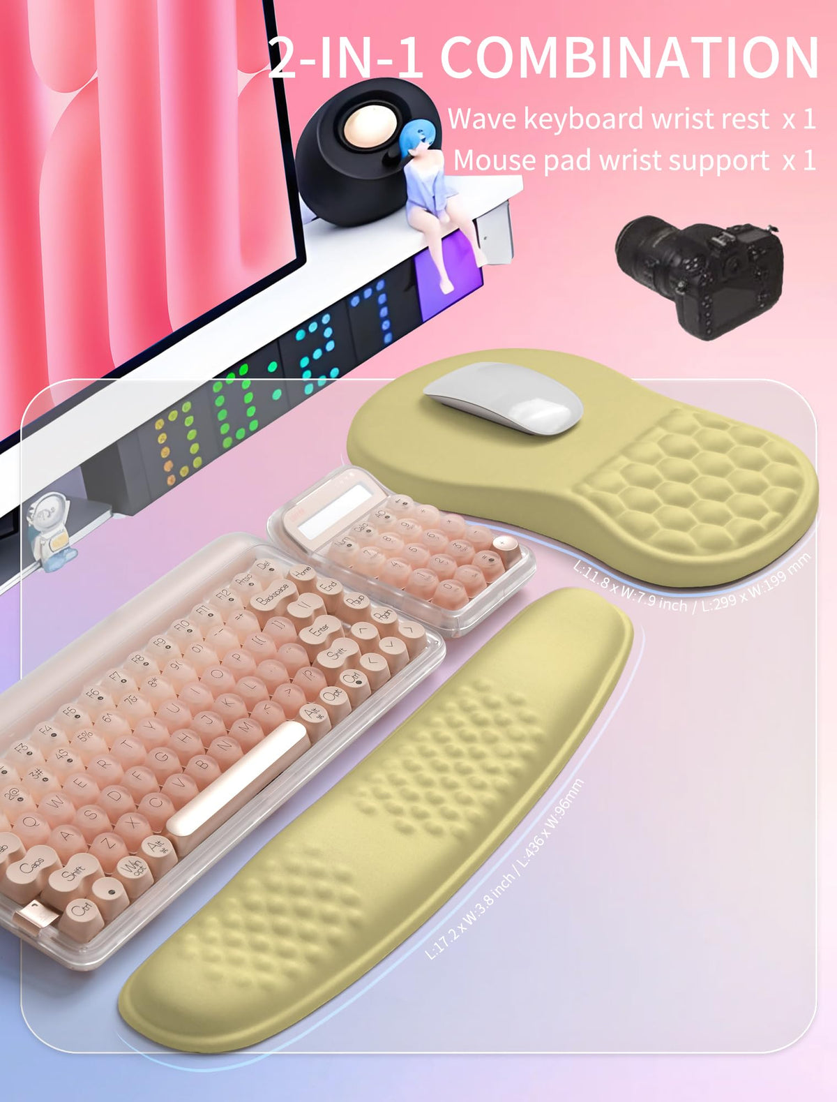 Hokafenle 2in1 Combination, Wave Keyboard Wrist Rest and Ergonomic Curvature Mouse Pad Wrist