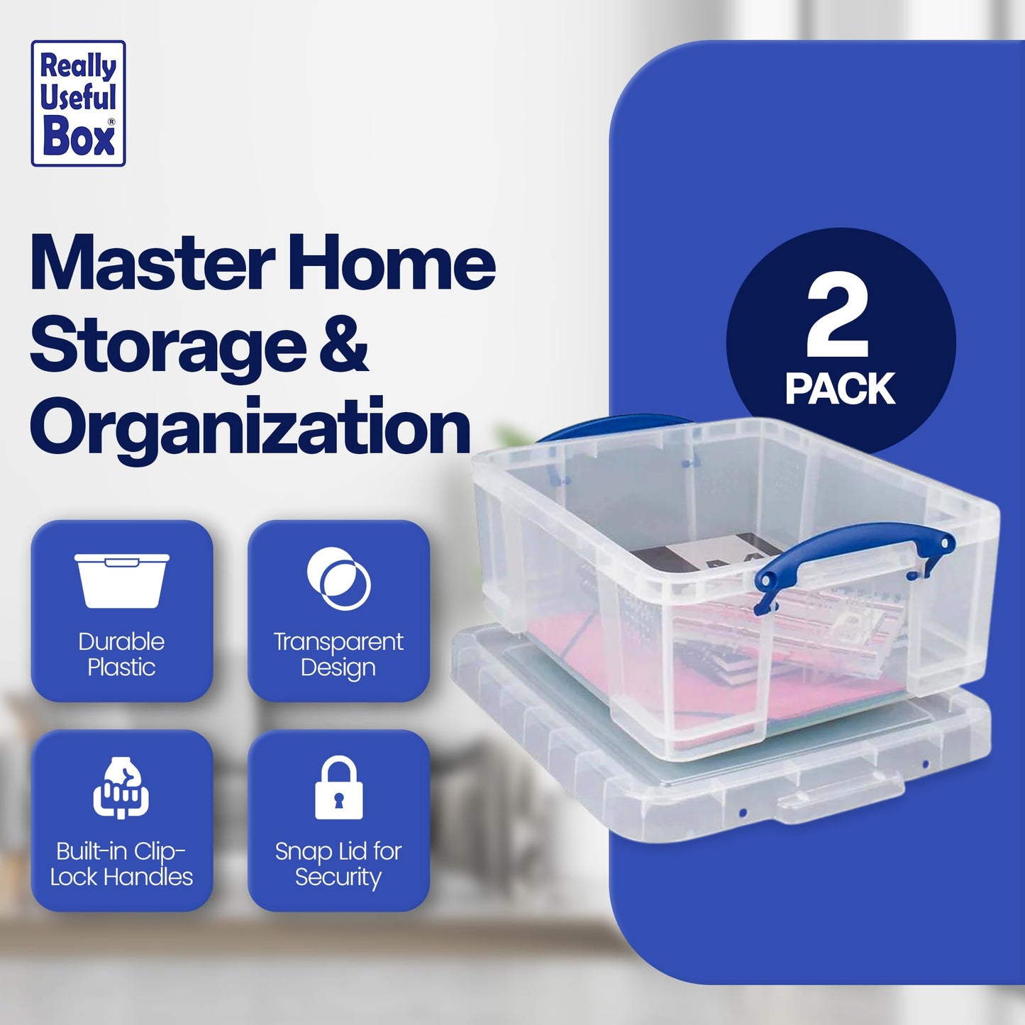 Really Useful Box 2 Pack 17L Plastic Storage Bins with Snap Lids and Clip Lock, Clear