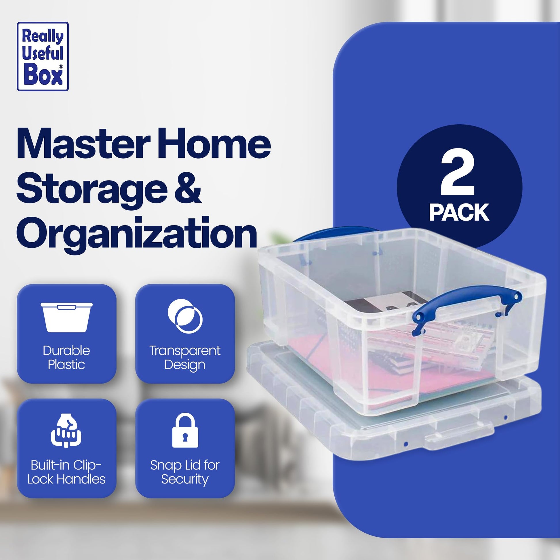 Really Useful Box 2 Pack 17L Plastic Storage Bins with Snap Lids and Clip Lock, Clear