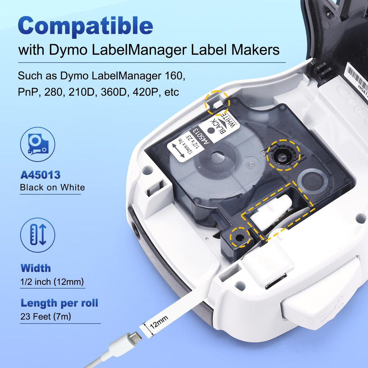 6-Pack Compatible with Dymo D1 Label Tape 45013 a45013 1/2 Inch x 23 Ft