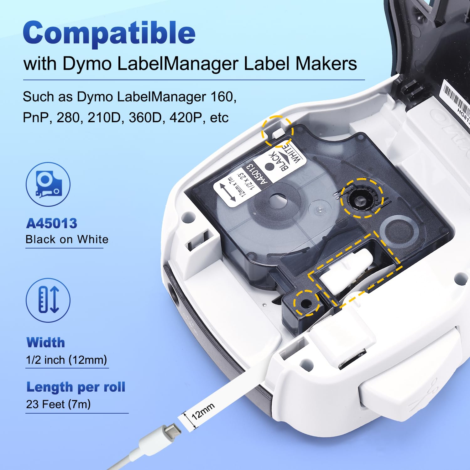 6-Pack Compatible with Dymo D1 Label Tape 45013 a45013 1/2 Inch x 23 Ft