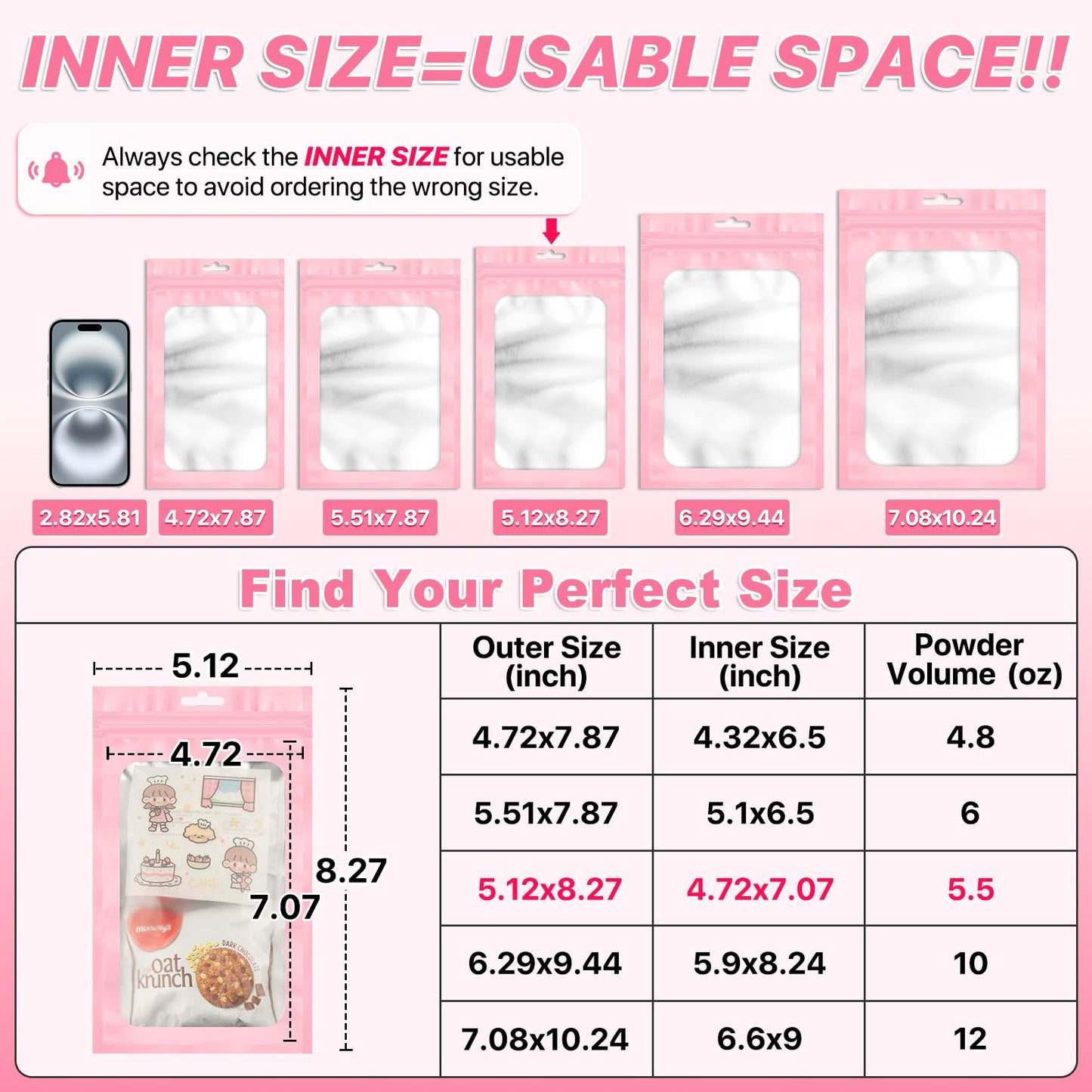 ANZNKU 100Pcs Pink Mylar Bags, Resealable Smell Proof Zip Goodie Baggies