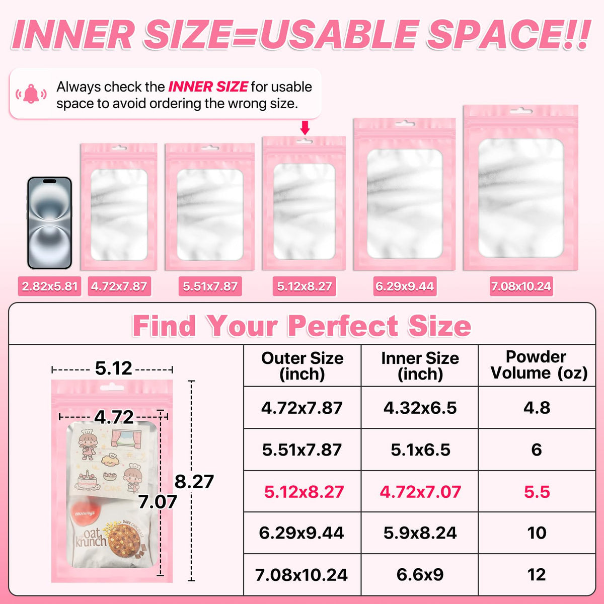 ANZNKU 100Pcs Pink Mylar Bags, Resealable Smell Proof Zip Goodie Baggies