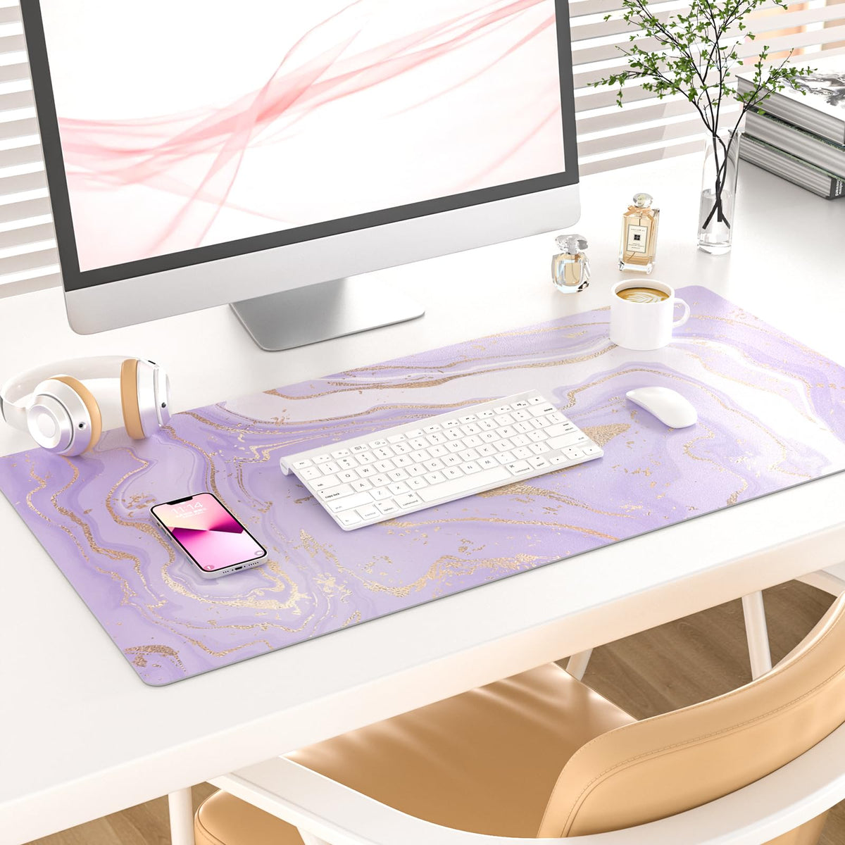 Faux Leather Large Mouse Pad, Office Desk Mat, 31.5"x15.7", Violet Marble