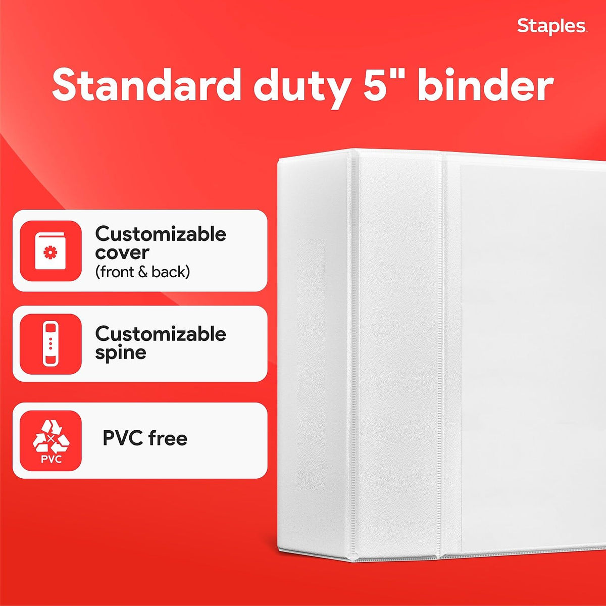 Staples Standard 5-Inch D-Ring View Binder, High Capacity Holds Up to 1,050 Sheets, White, for