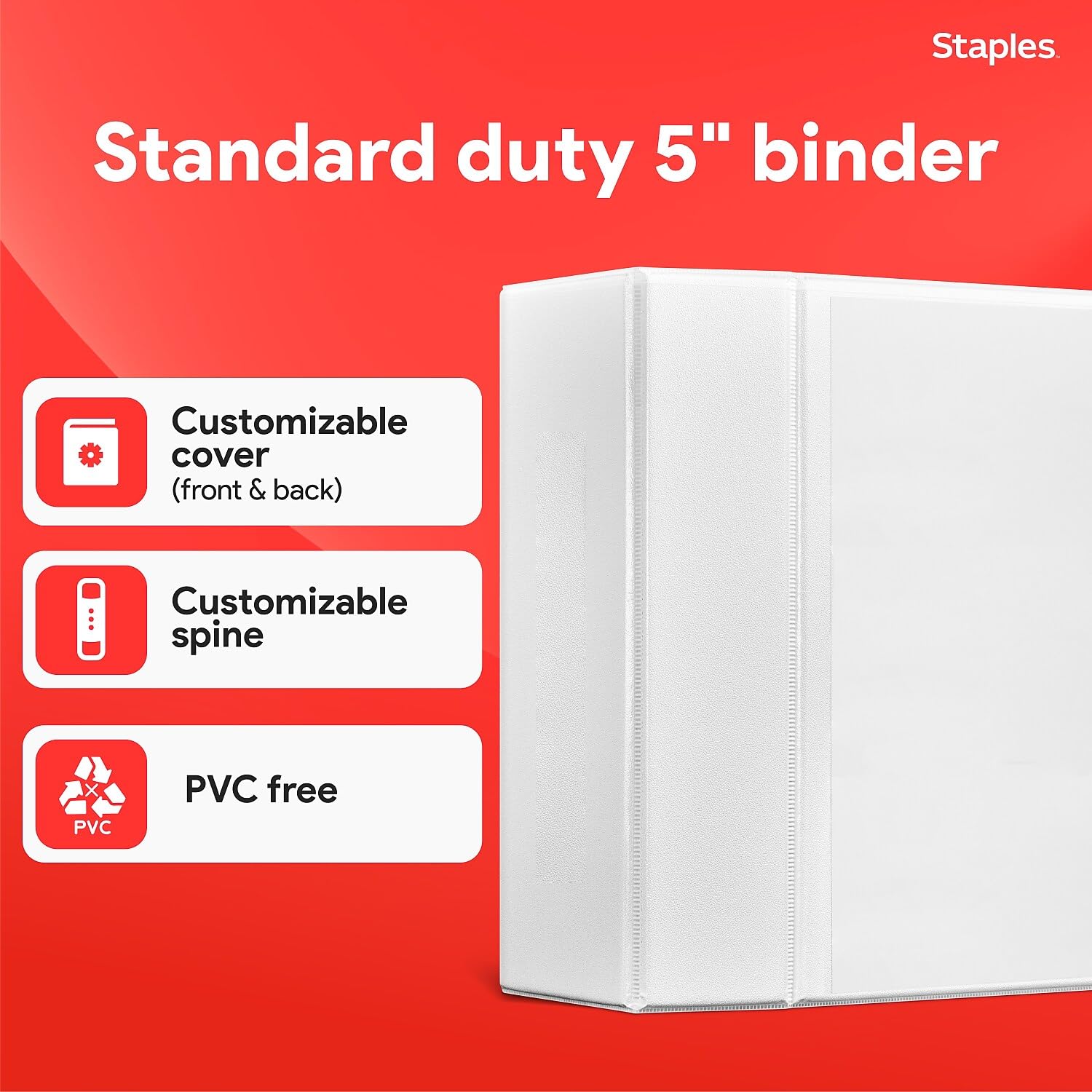 Staples Standard 5-Inch D-Ring View Binder, High Capacity Holds Up to 1,050 Sheets, White, for