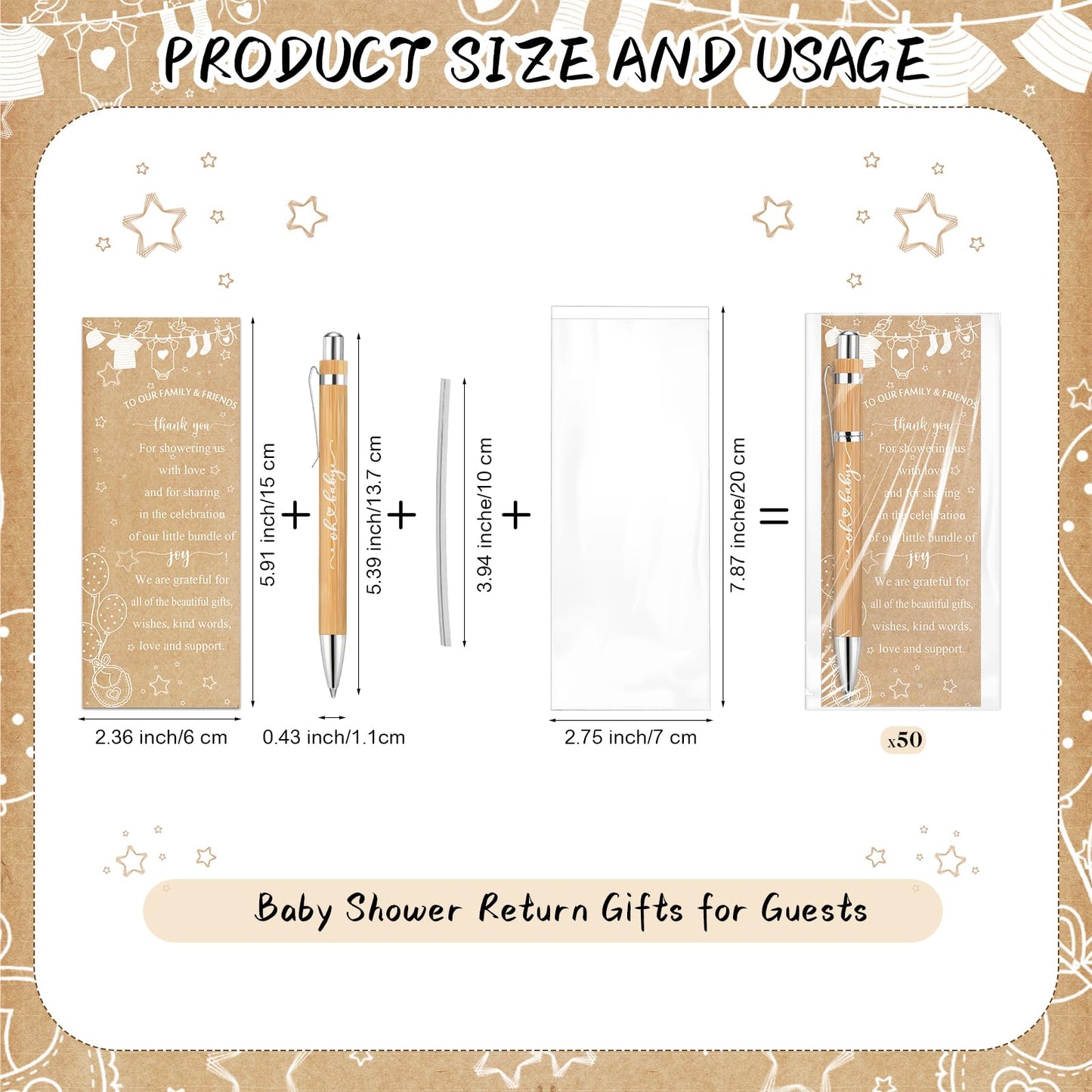 Zhanmai 50 Set Baby Shower Favors Bamboo Thank You Pens Cards Bags