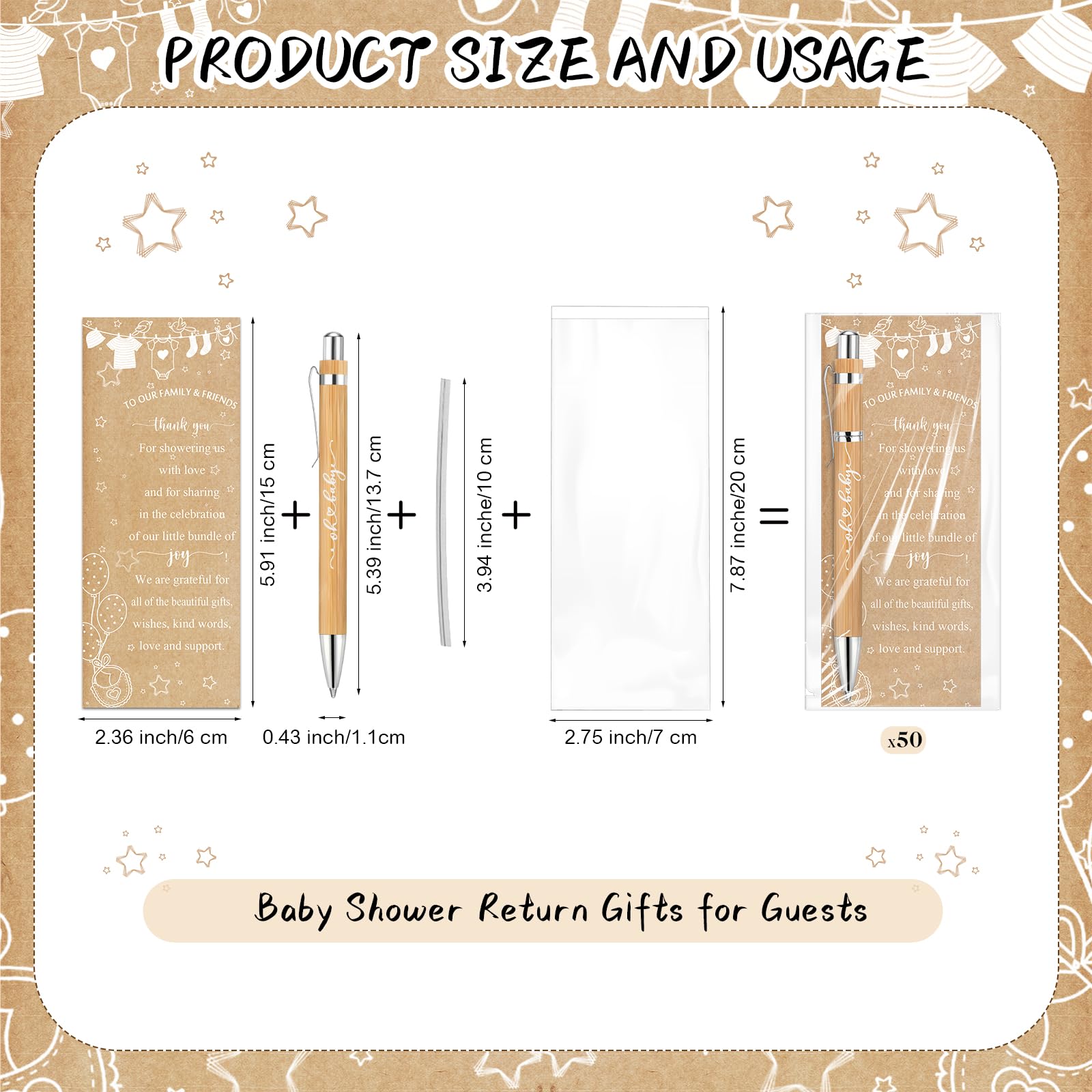 Zhanmai 50 Set Baby Shower Favors Bamboo Thank You Pens Cards Bags