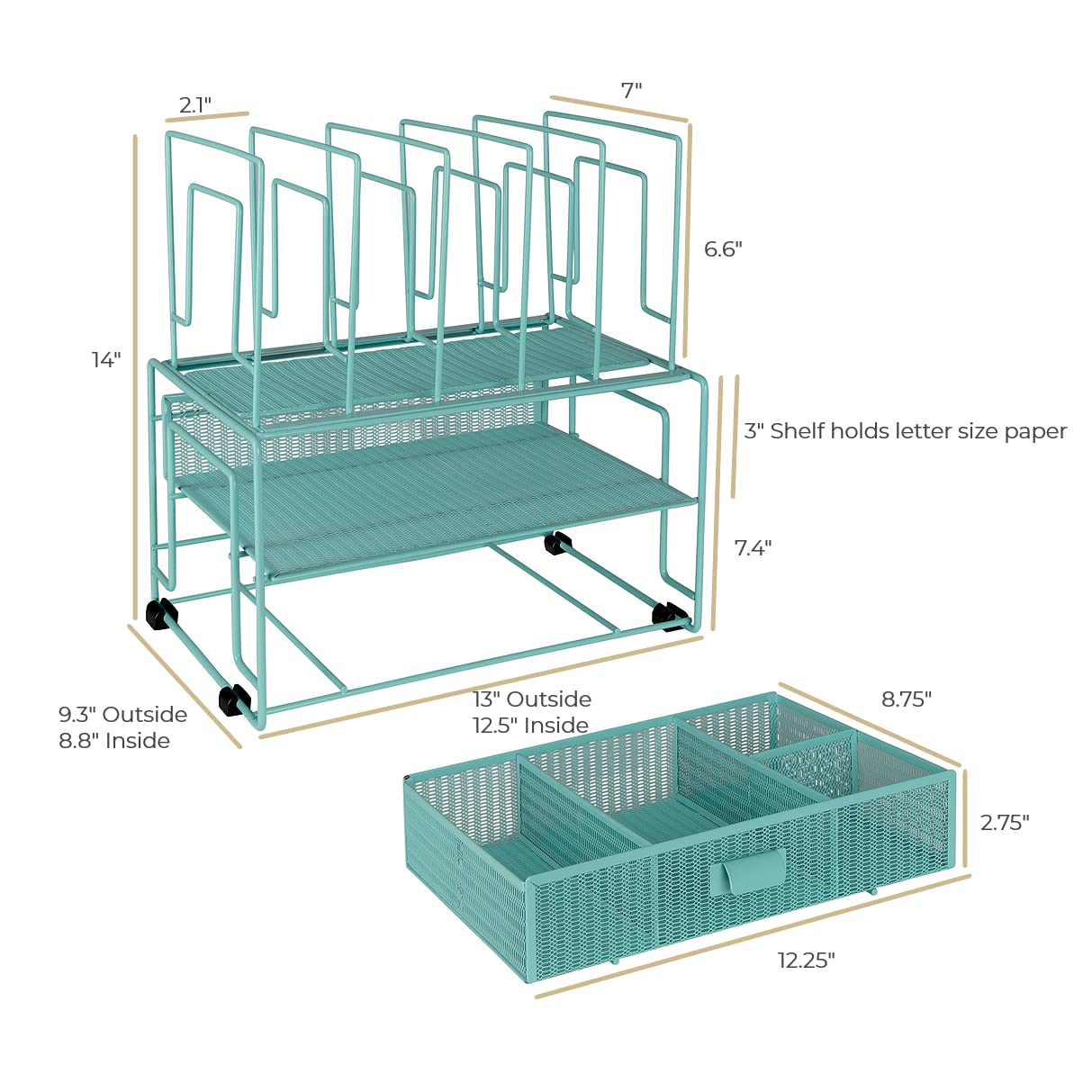 BLU MONACO Mint Green Desk Organizer With File Sorters and Drawer | Metal Mesh Desktop Storage for