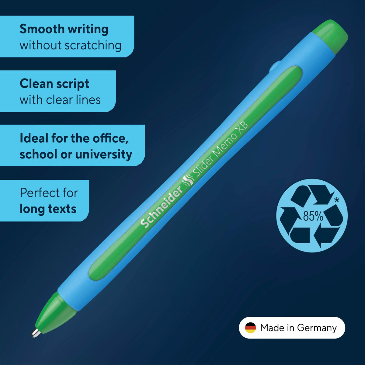 Schneider Slider Memo XB (Extra Broad) Ballpoint Pen, 1.4 mm, Light Blue Barrel, Green Ink, Box of
