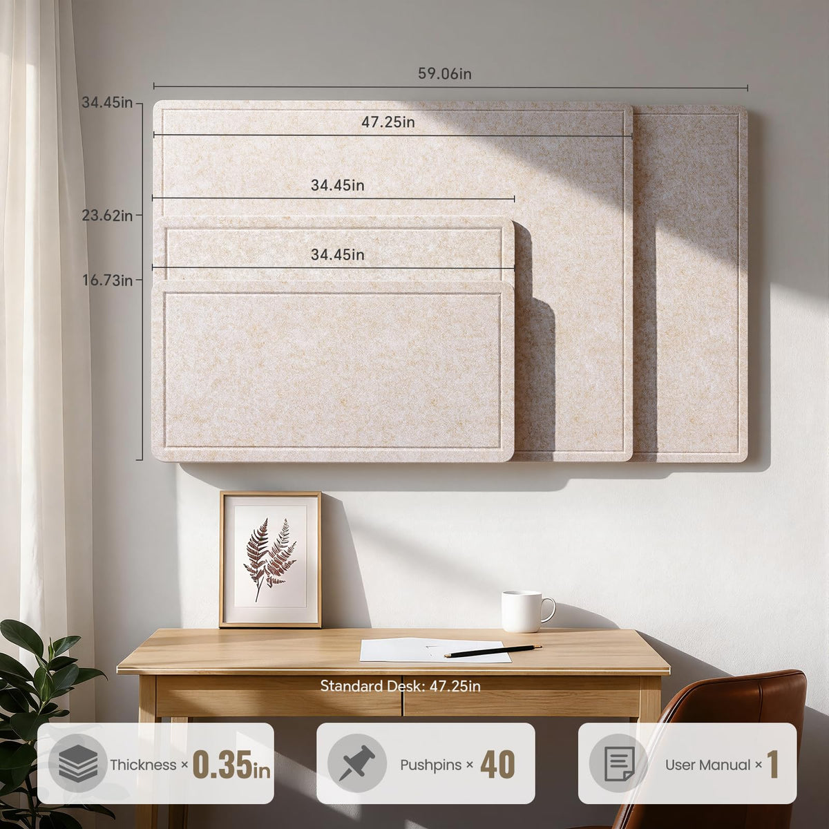 Large Bulletin Board, 35 X 17 Inches Felt Cork Board with 40 Pushpins, Foldable Felt Notice Pin