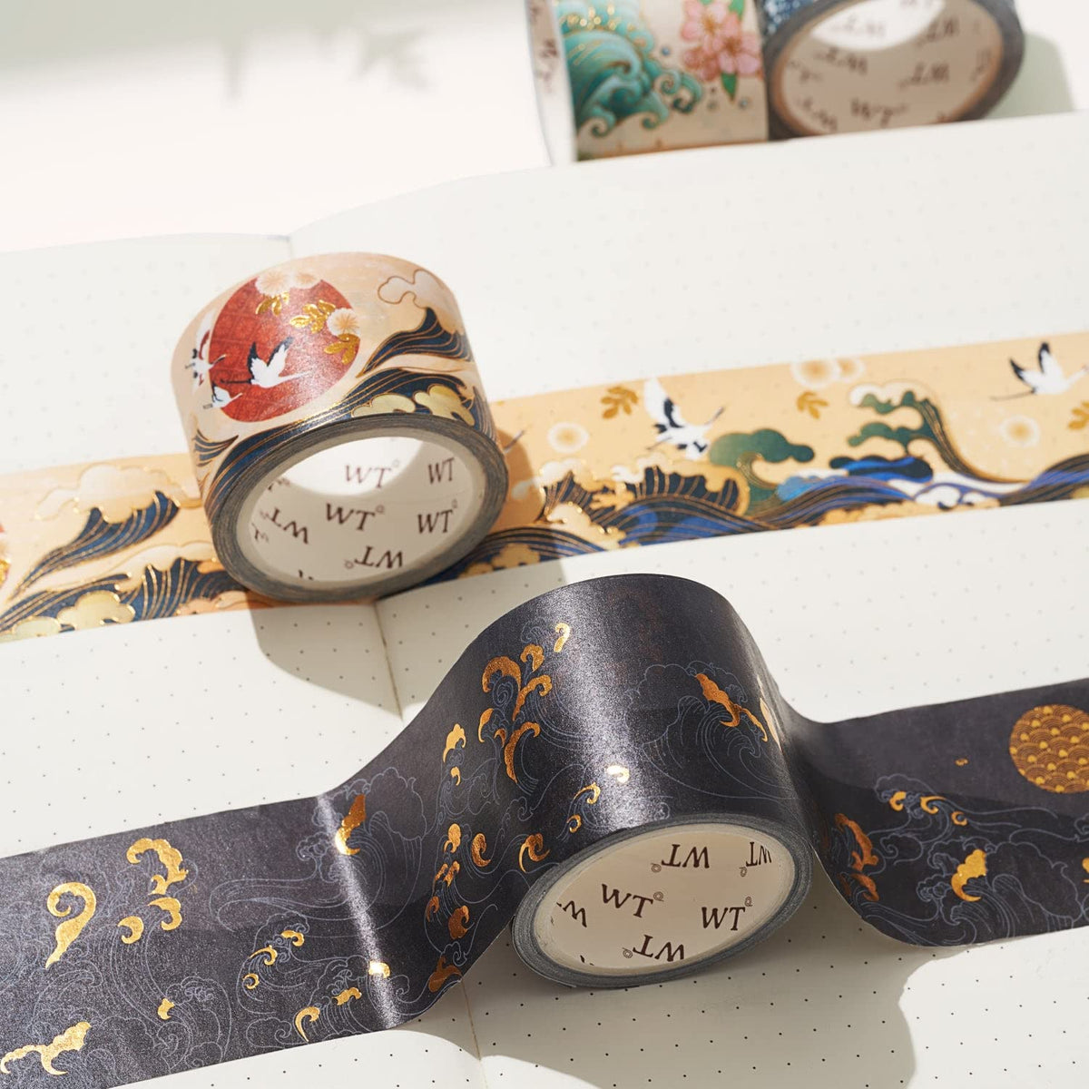WT Waves of Rebun Washi Tape Set, 4 Rolls, Gold Foil, Decorative Masking Tape, Bujo Planner