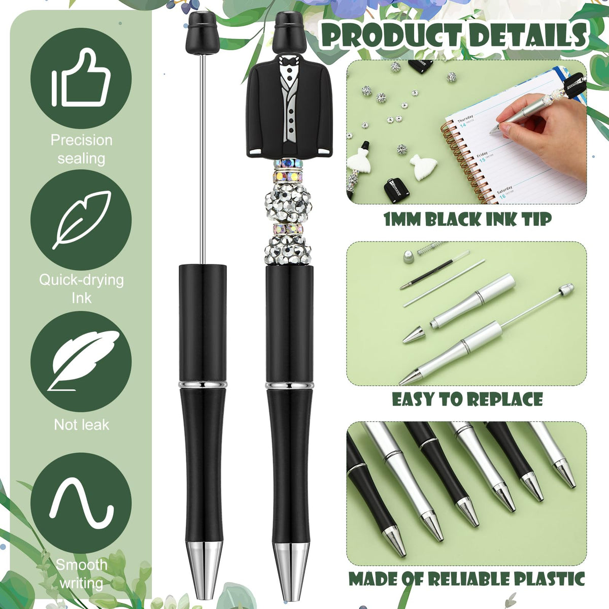 Ctosree 36 Sets Wedding Beadable Pens Beads Black Ink Bride Party Favor