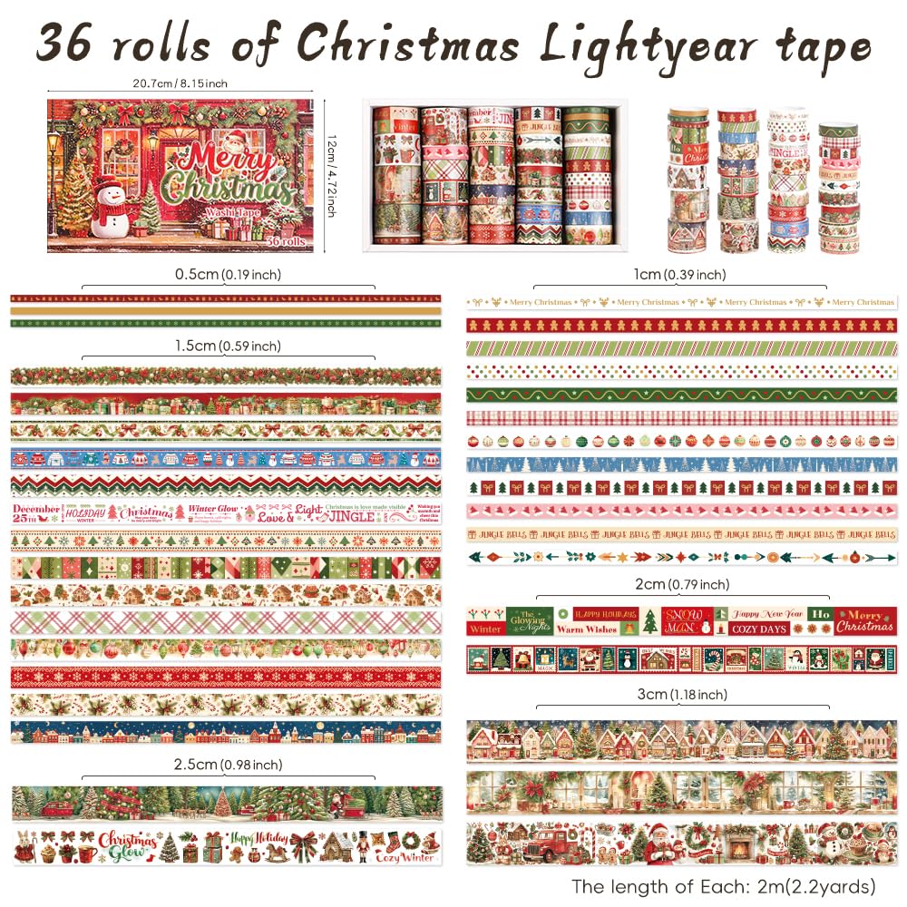 icceemee 36 Rolls Christmas Washi Tape Set, Festive Holiday Decorative Masking Tape, Xmas Planner