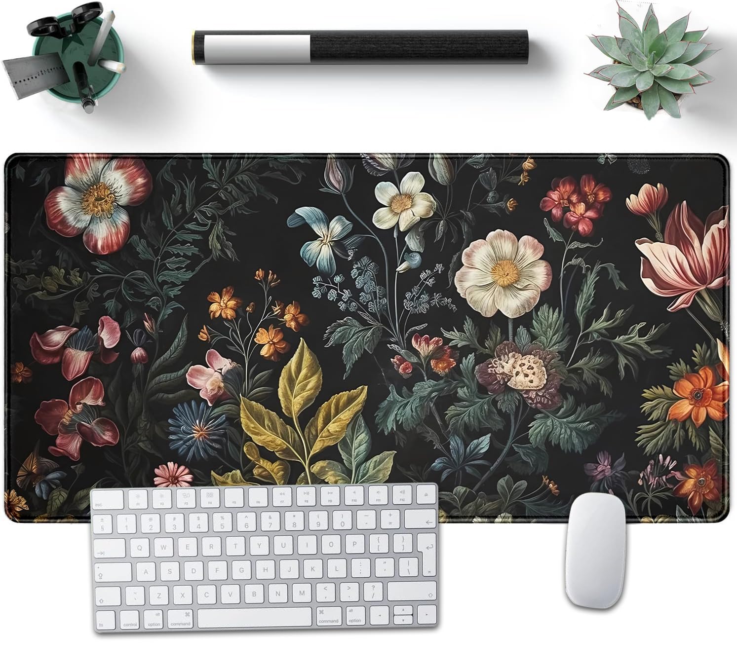 Floral Desk Mat Dark Academia Vintage Aesthetic Desk Pad Flower Plant Large Gaming Mousepad Black