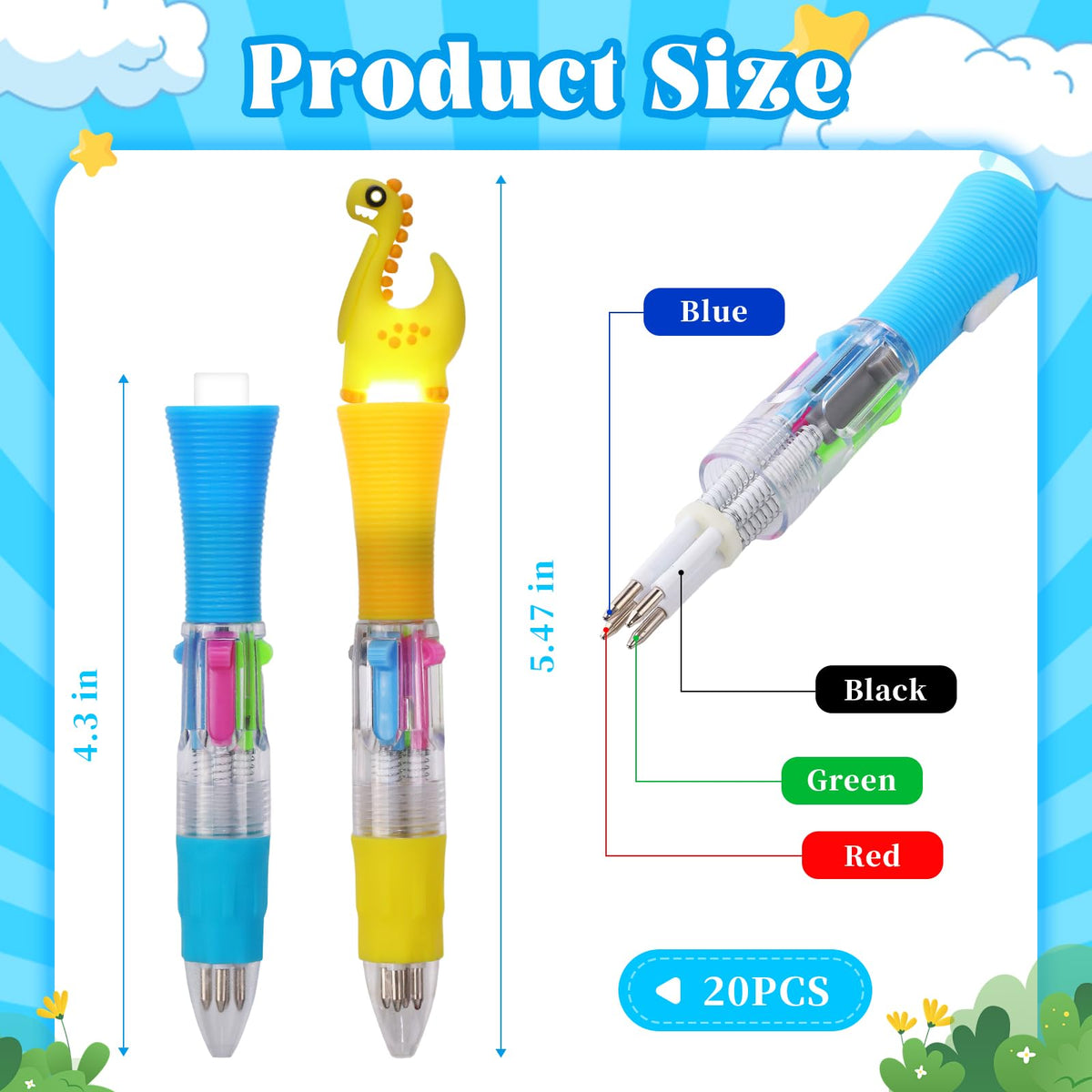 CZWZ 20Pcs Multicolor Pens in One 4-in-1 Cute Pens Bulk, Ballpoint Pen for Birthdays and Parties