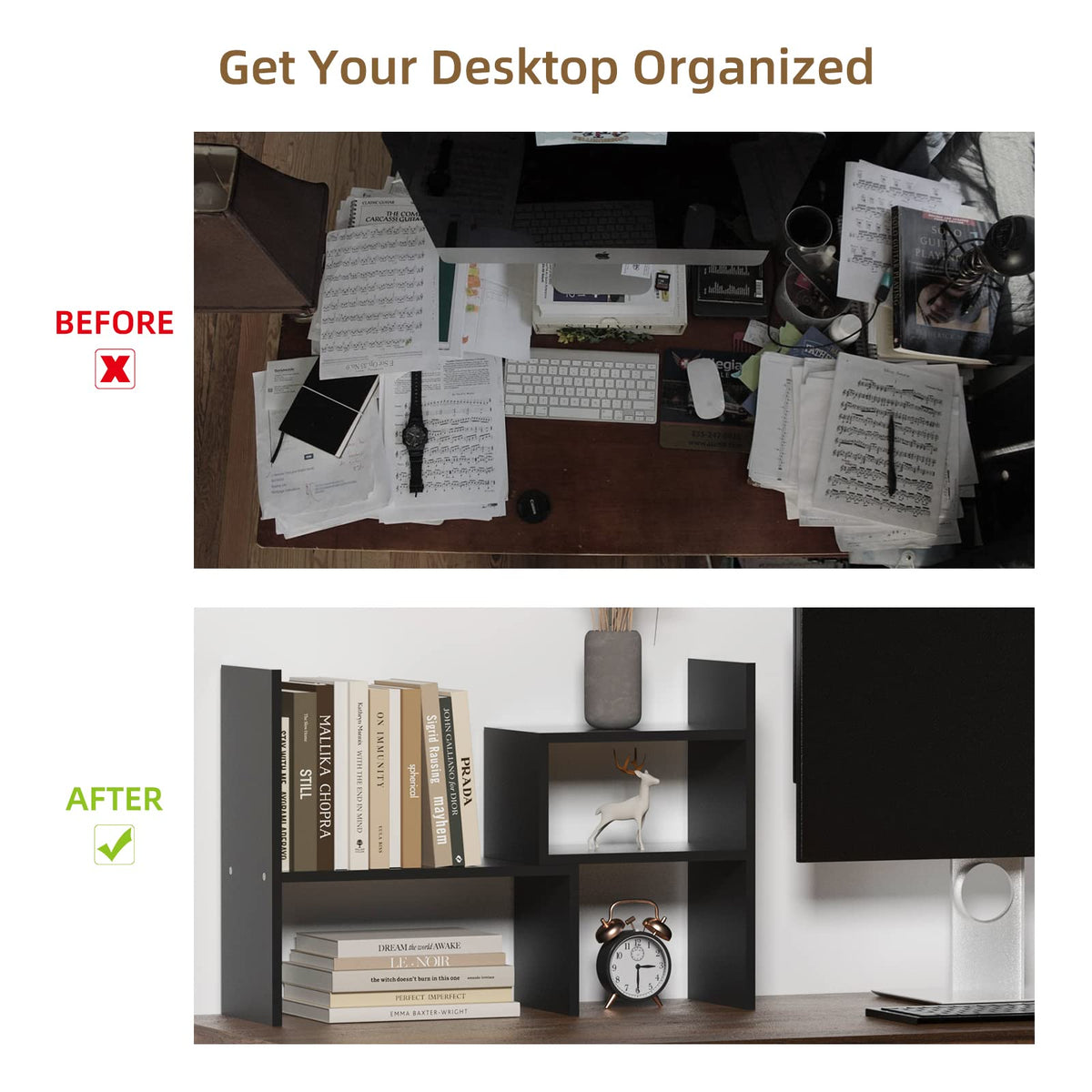 TY ARTS & CULTURE Expandable Black Wood Desktop Organizer-Desk Bookshelf