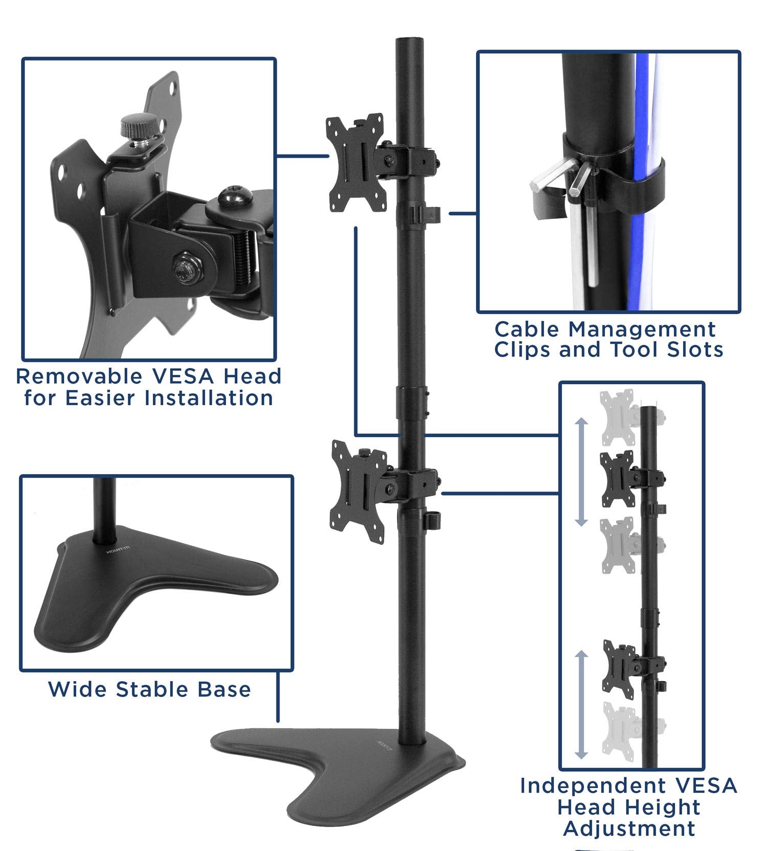 Mount-It! Vertical Dual Monitor Stand, Freestanding Stacked Monitor Mount for 2 Screens 17–32"