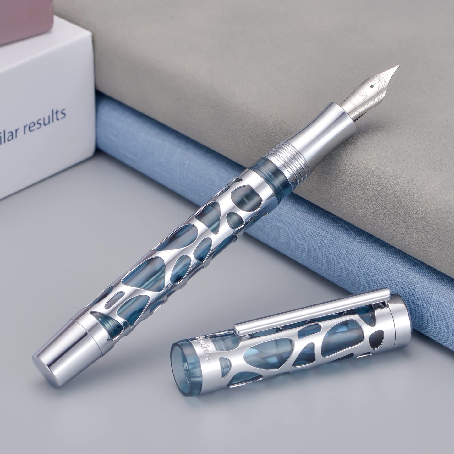 Asvine V169 Vacuum Filling Fountain Pen Extra Fine Nib, Water Drop Skeleton Transparent Gray Blue