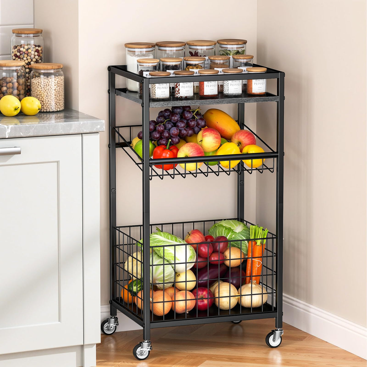Kssiaz Fruit Vegetable Cart, 3-Tier Snack Cart on Wheels & Wood Top, Black