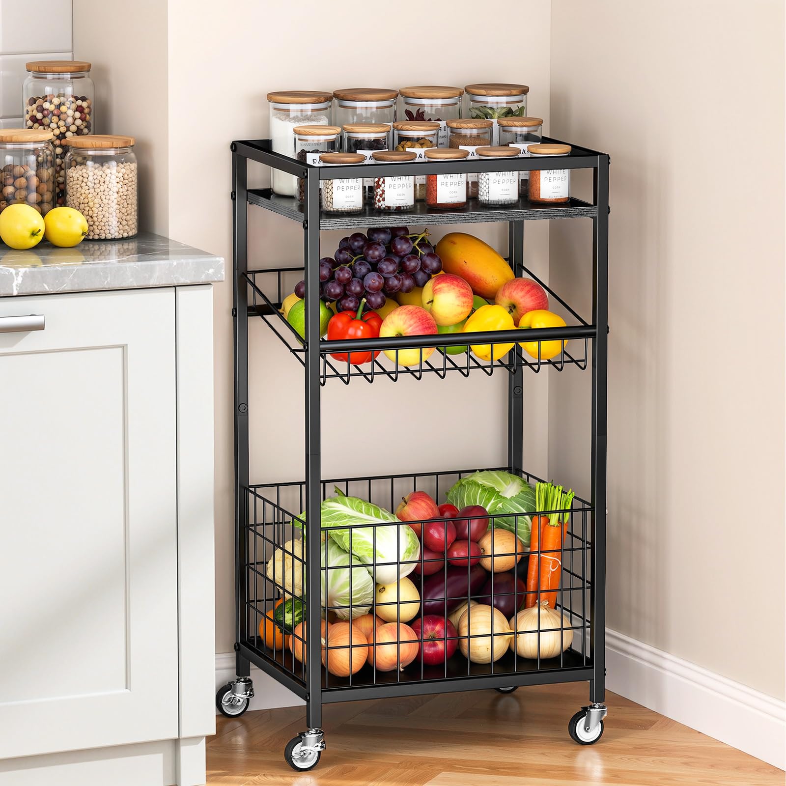 Kssiaz Fruit Vegetable Cart, 3-Tier Snack Cart on Wheels & Wood Top, Black