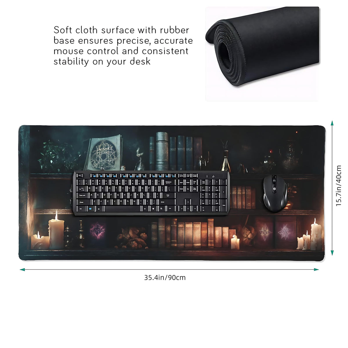Aesthetic Book Gaming Mouse Pad, Dark Green Mystical Desk Mat with Anti-Slip Base & Stitched Edges