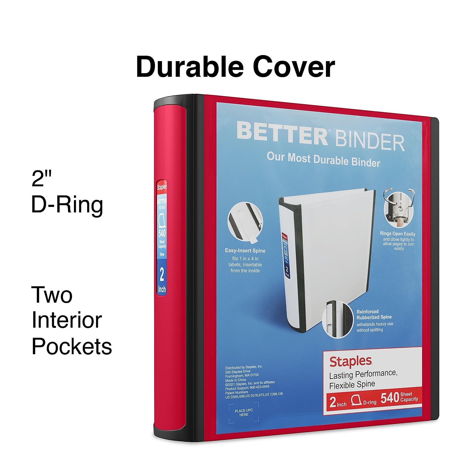 Staples Better Binder, 2 Inch D-Ring, Red, 540 Sheets, 2-Pack