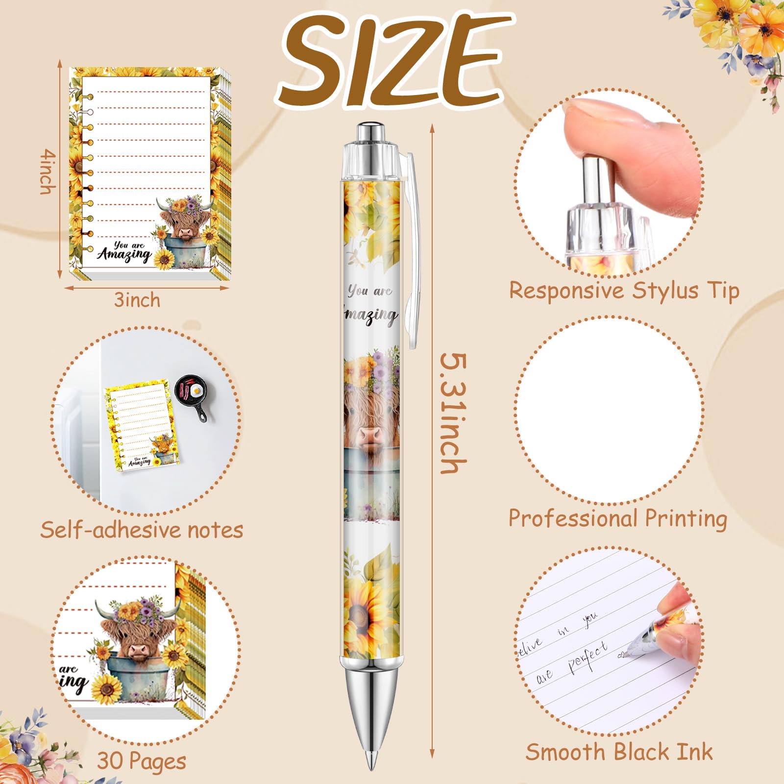 Eaasty 20 Pieces Highland Cow Gift Set Sticky Notes with Pens, Pencil Bags Makeup Bags Animal Lover