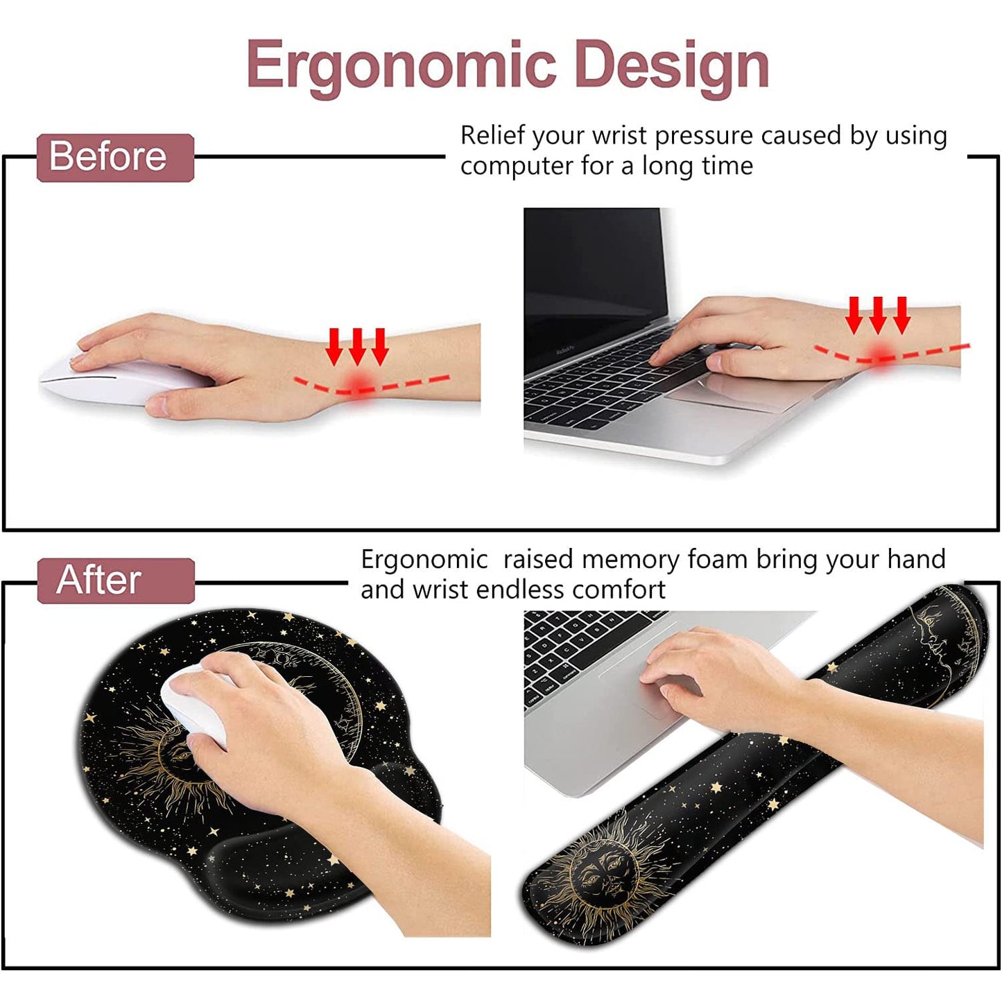Black Mouse Pad with Stitched Edge, Memory Foam Keyboard Wrist Rest, Non-Slip Rubber Base Mythic