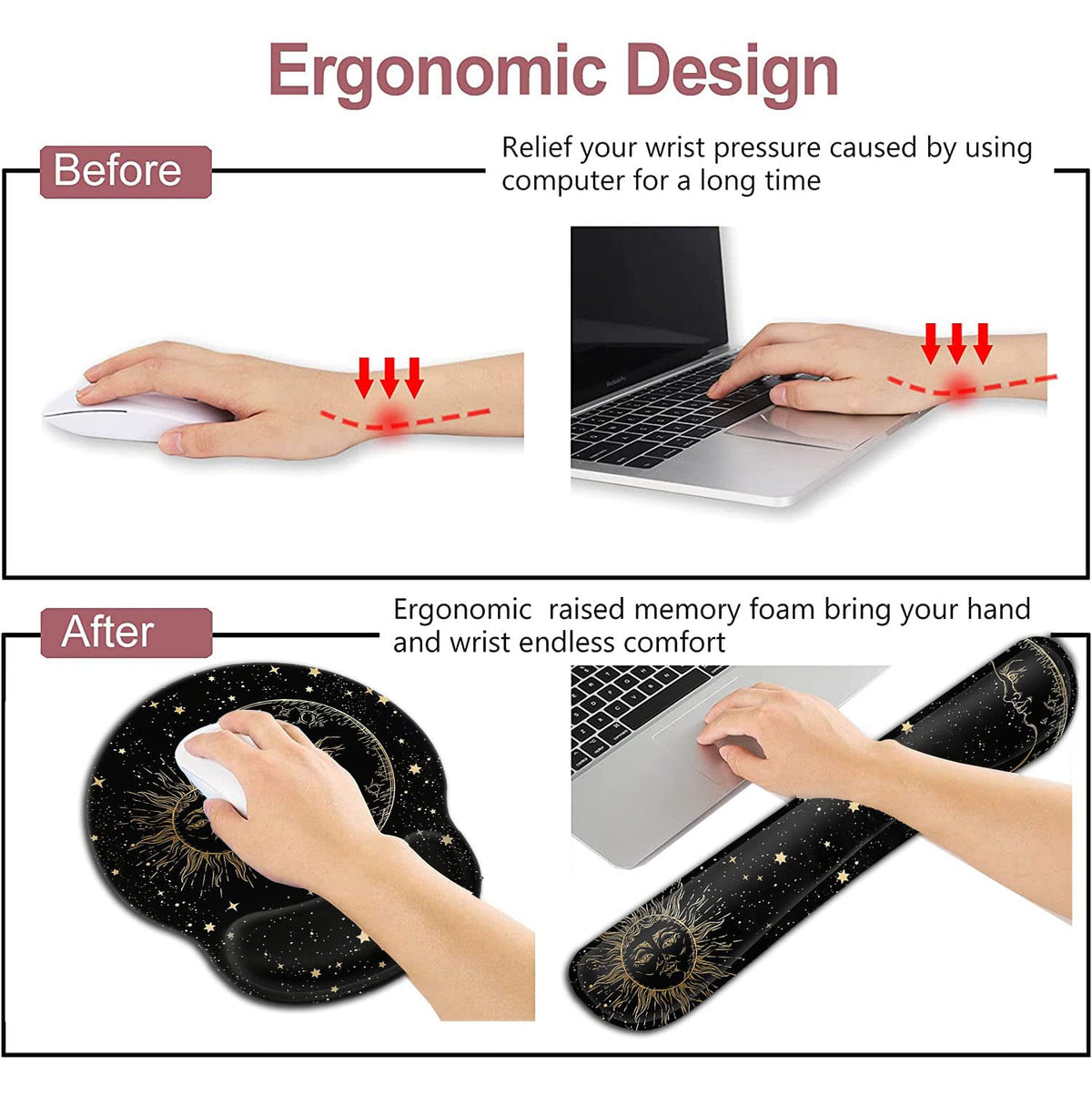 Black Mouse Pad with Stitched Edge, Memory Foam Keyboard Wrist Rest, Non-Slip Rubber Base Mythic