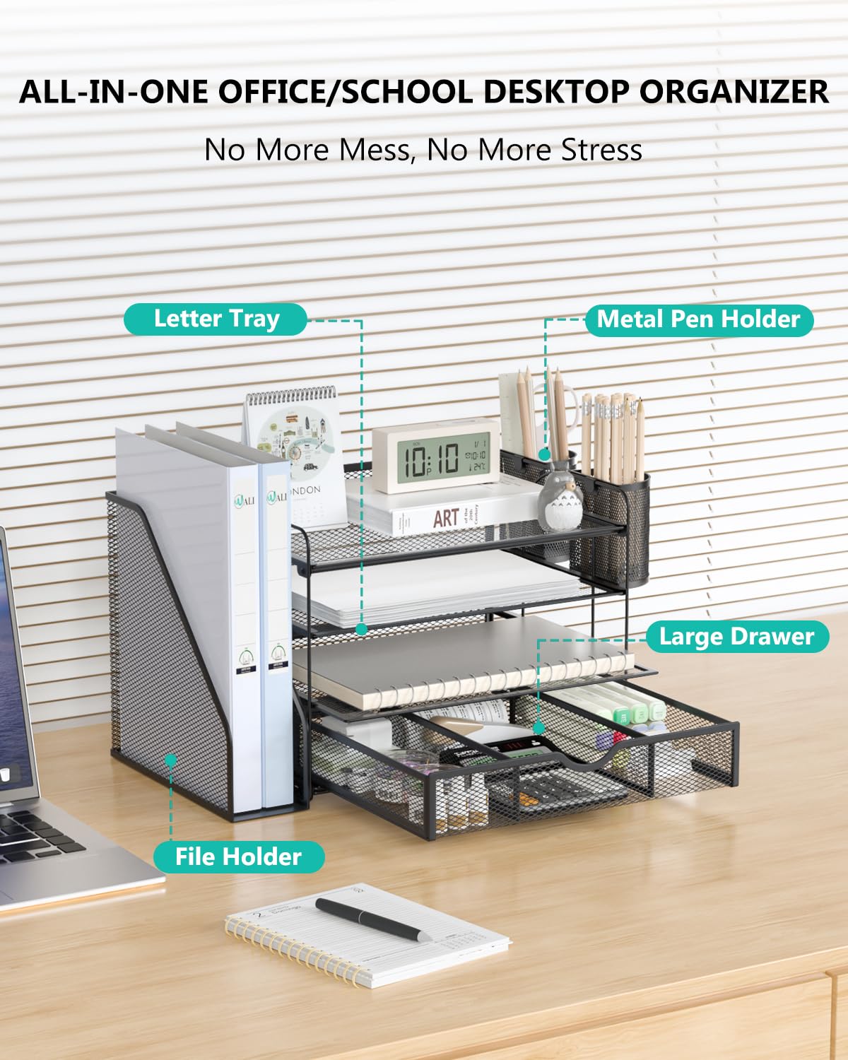 WALI Desk File Organizer, 4 Tier Desktop Paper Letter Tray Organizer with Drawer and 2 Pen Holders