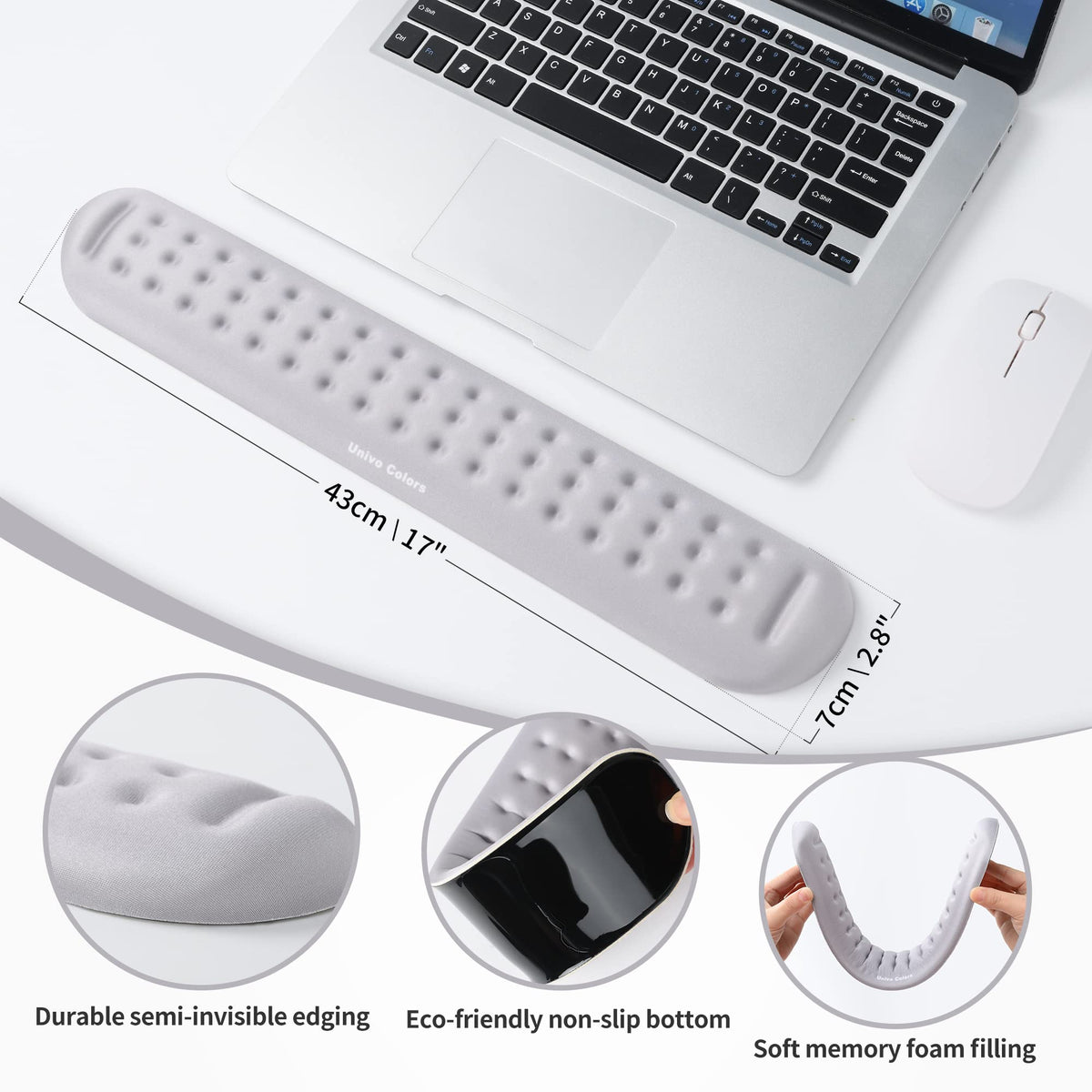 Univo Colors Gray Superfine Memory Foam Keyboard Wrist Rest Soft Gel Ergonomic Wrist Support Pad
