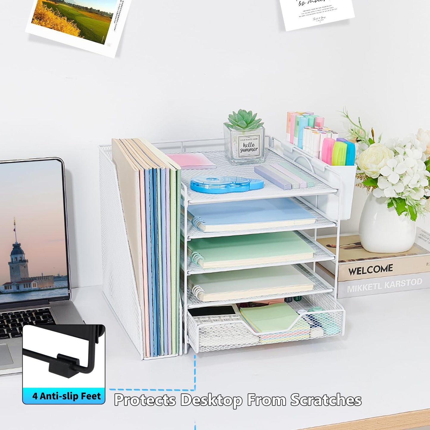 Gugsey 5-Tier Desk File Organizer with Drawer & Pen Holder (White)
