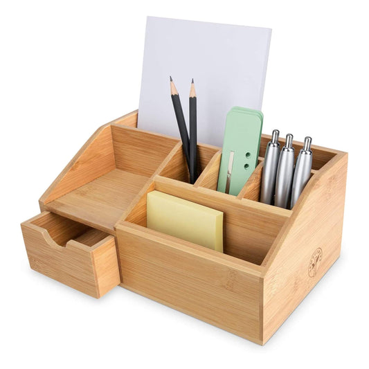FLYGRUBS Thingles Bamboo Desk Organizer, Wood Pen Holder with Drawer, Storage Box, Pencil Box, Desk