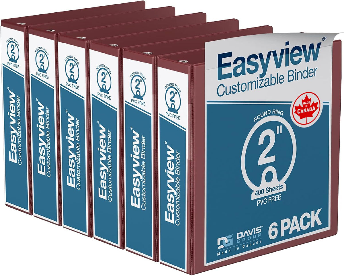 Easyview 3-Ring Binder, Clear-View Cover, 2" Round Rings, Burgundy, 6 Pack
