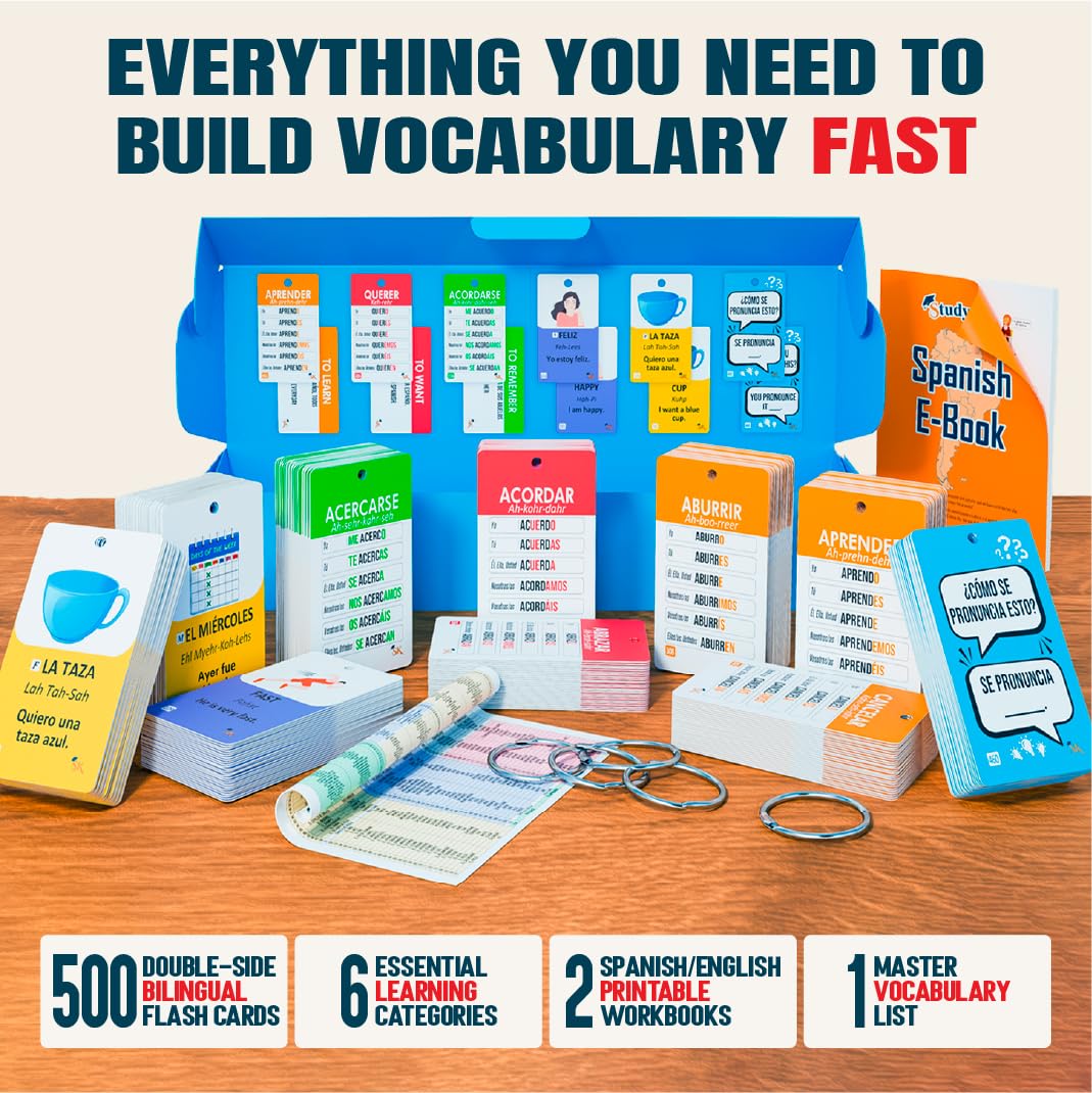 500+ Spanish Vocabulary Flash Cards for Adults & Kids Ages 15+,