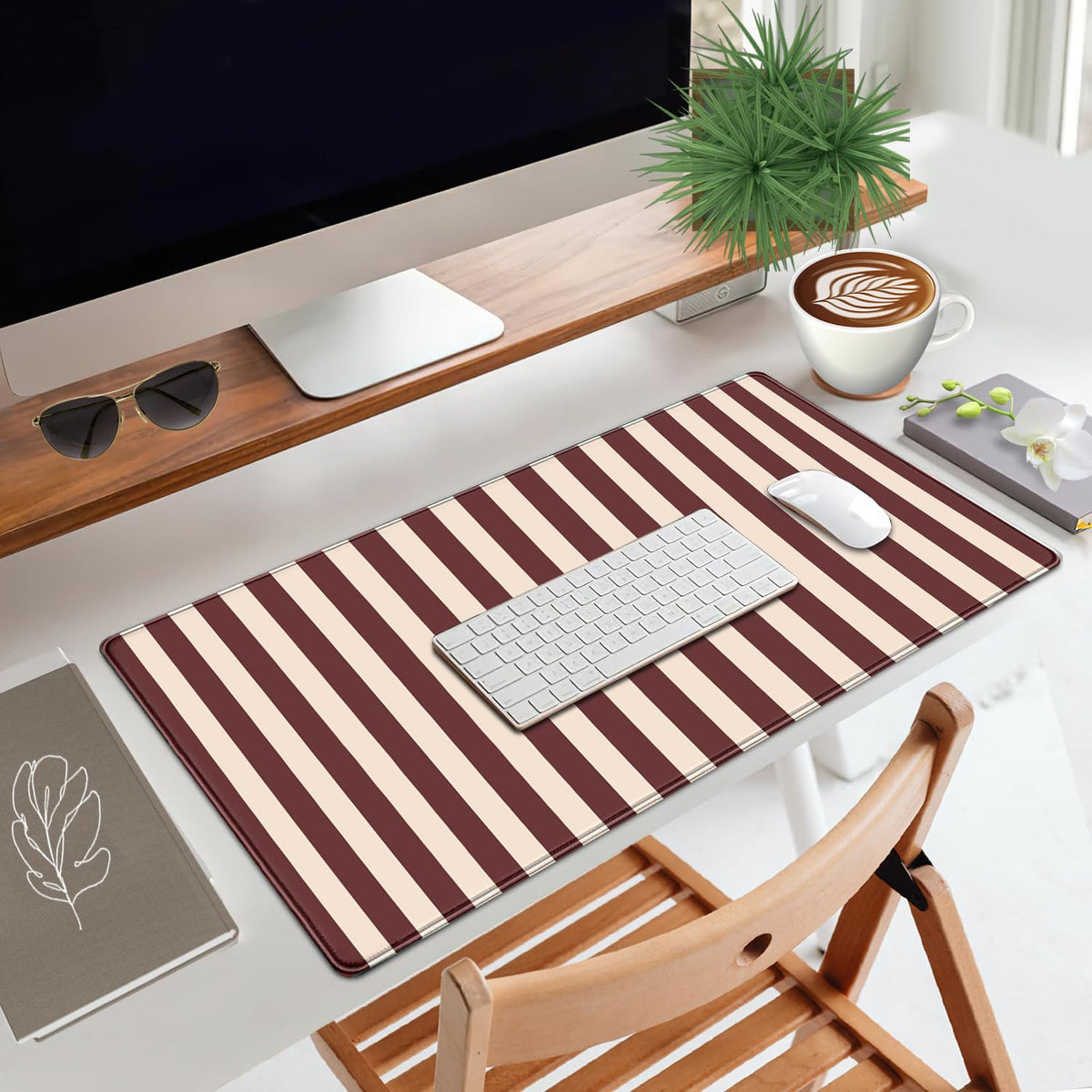 Maroon Beige Striped Desk Mat Cute Pastel XXL Large Gaming Mouse Pad Desk Pad Kawaii Cozy Aesthetic