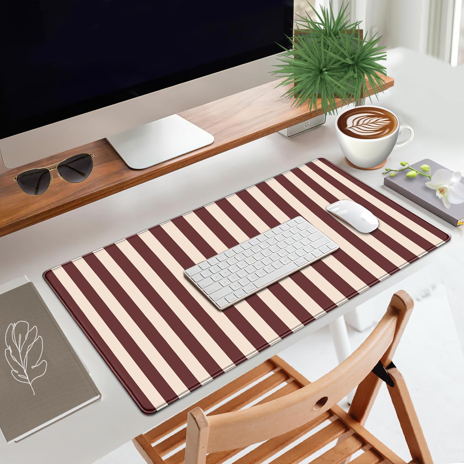 Maroon Beige Striped Desk Mat Cute Pastel XXL Large Gaming Mouse Pad Desk Pad Kawaii Cozy Aesthetic