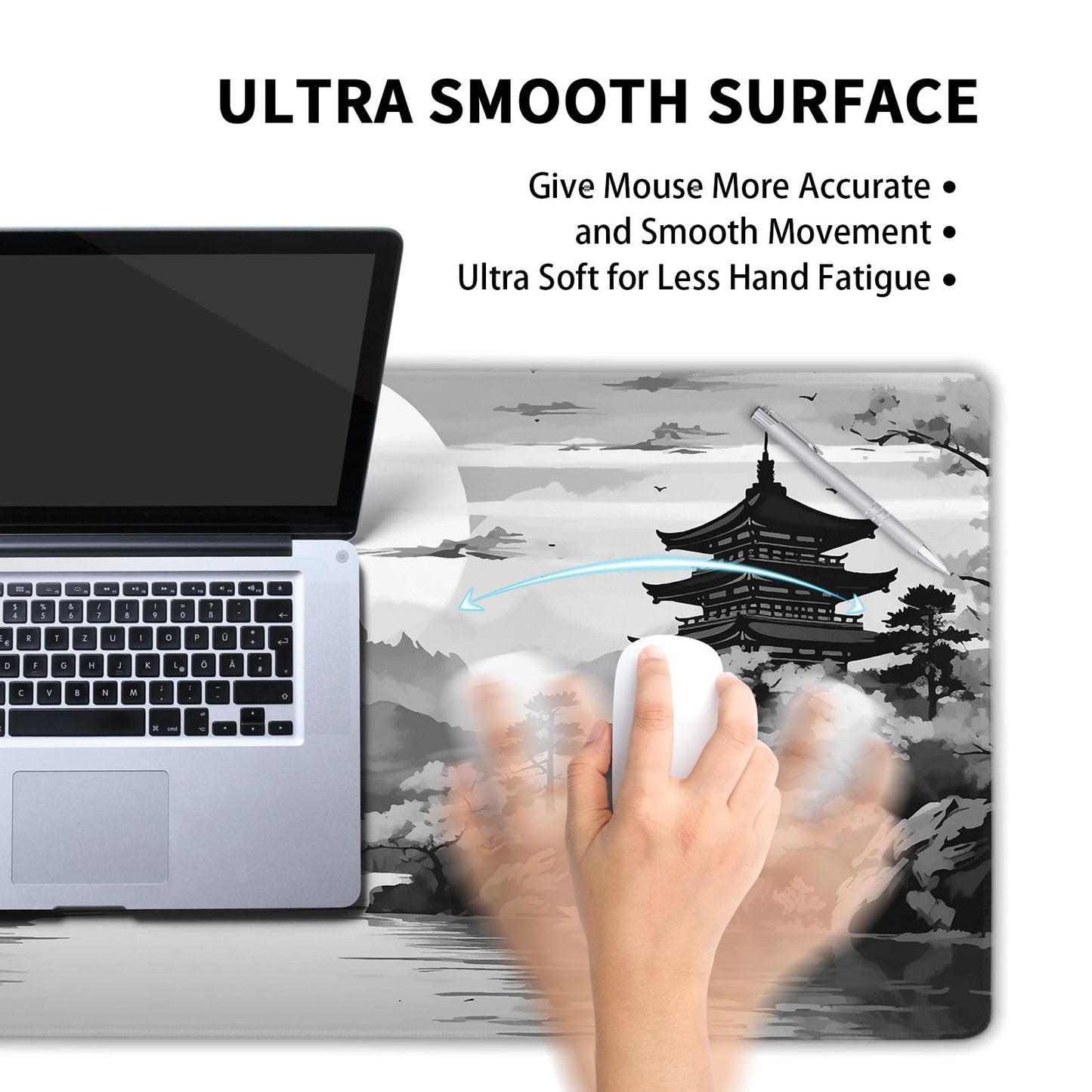 Black Gray Japanese Sakura Gaming Mouse Pad Grey White Cherry Blossom Tower Mountain Aesthetic