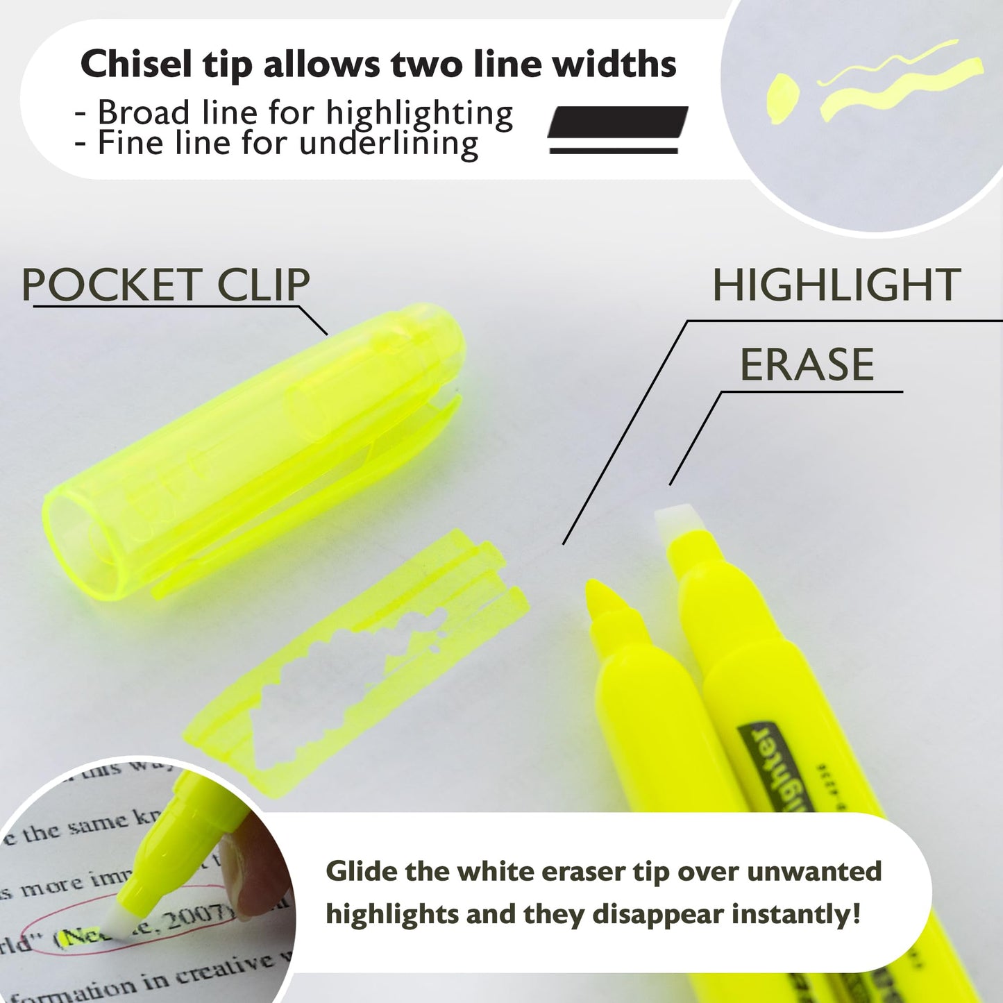 BAZIC PRODUCTS Yellow Erasable Highlighters, Eraser Tip, Chisel, 24-Box