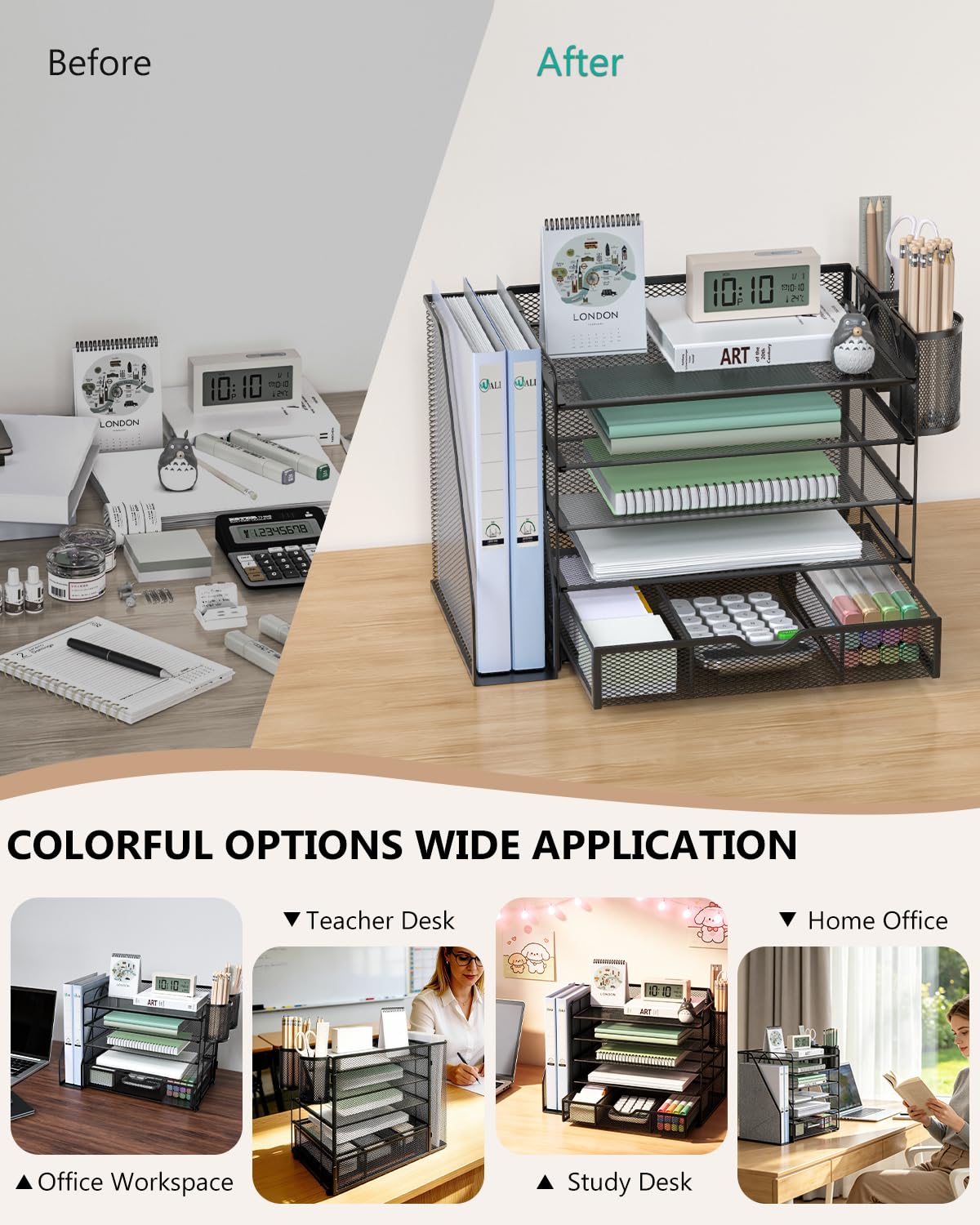 WALI Desk File Organizer, 5 Tier Desktop Paper Letter Tray Organizer with Drawer and 2 Pen Holders