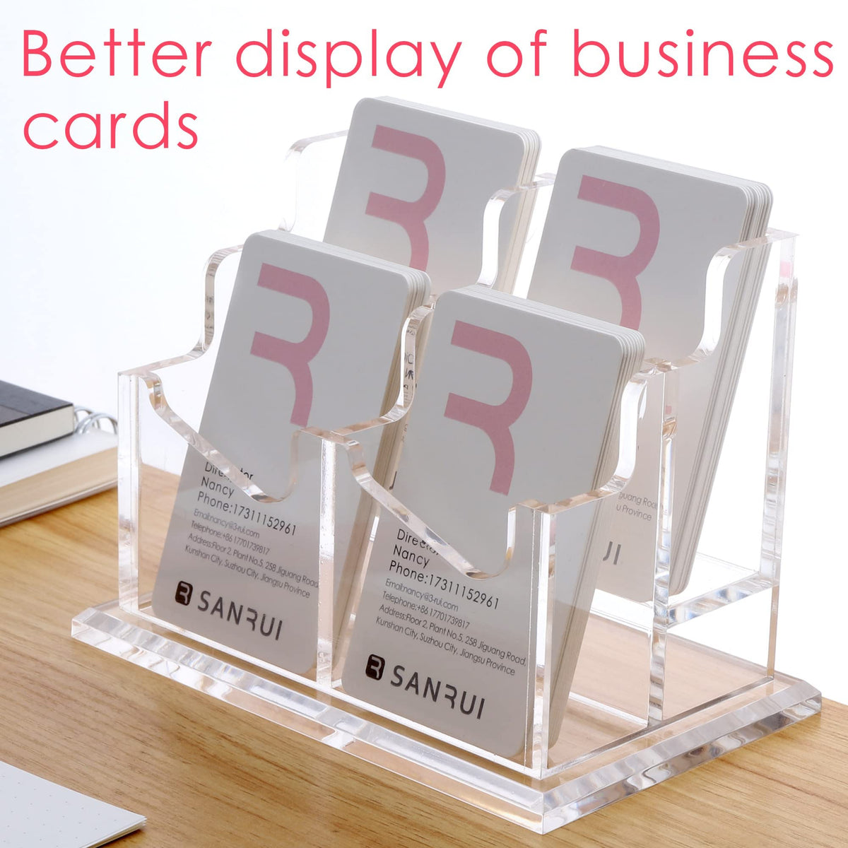 SANRUI Vertical Business Card Holder for Desk，Clear Acrylic Business Card Display Stand，4 Slots 2