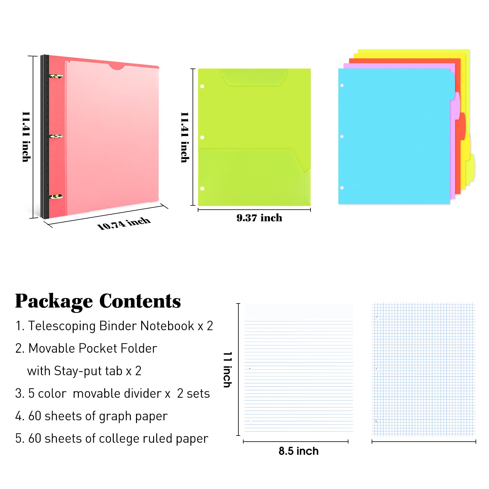 INFUN All-in-one Telescoping Binder Notebook- 2PCS, 3 Ring Notebook Binder with 1 Plastic Movable