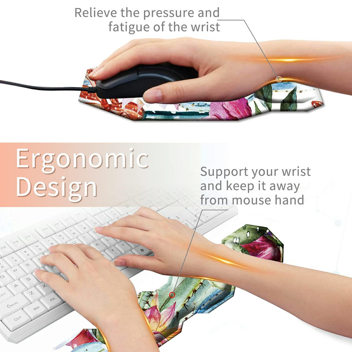 Cactus Succulent Keyboard Wrist Support Pad Mouse Pad with Wrist Rest Matching Coasters, Ergonomic
