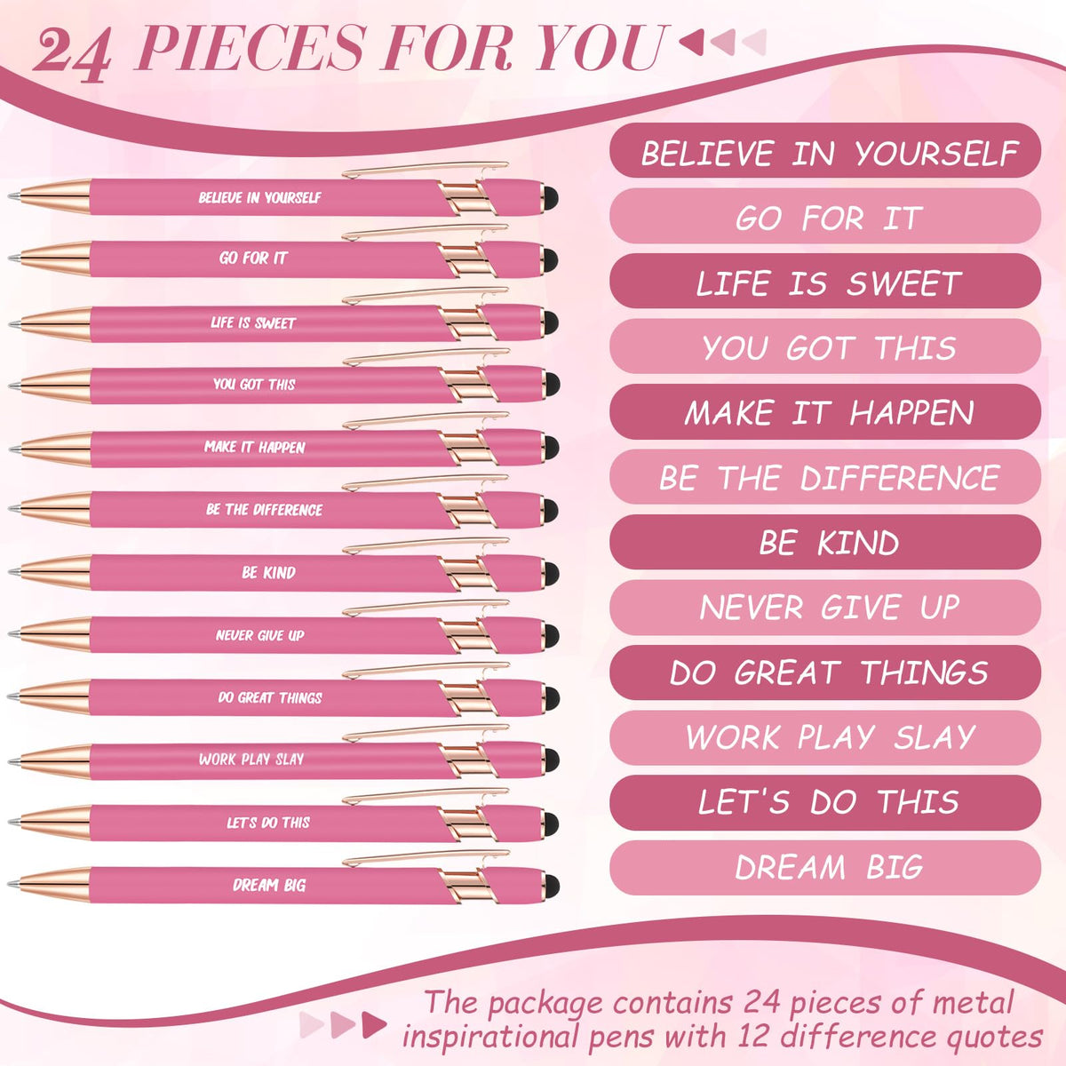 Yeaqee 24 Pcs Inspirational Ballpoint Pens Black Ink Stylus, Rose Red