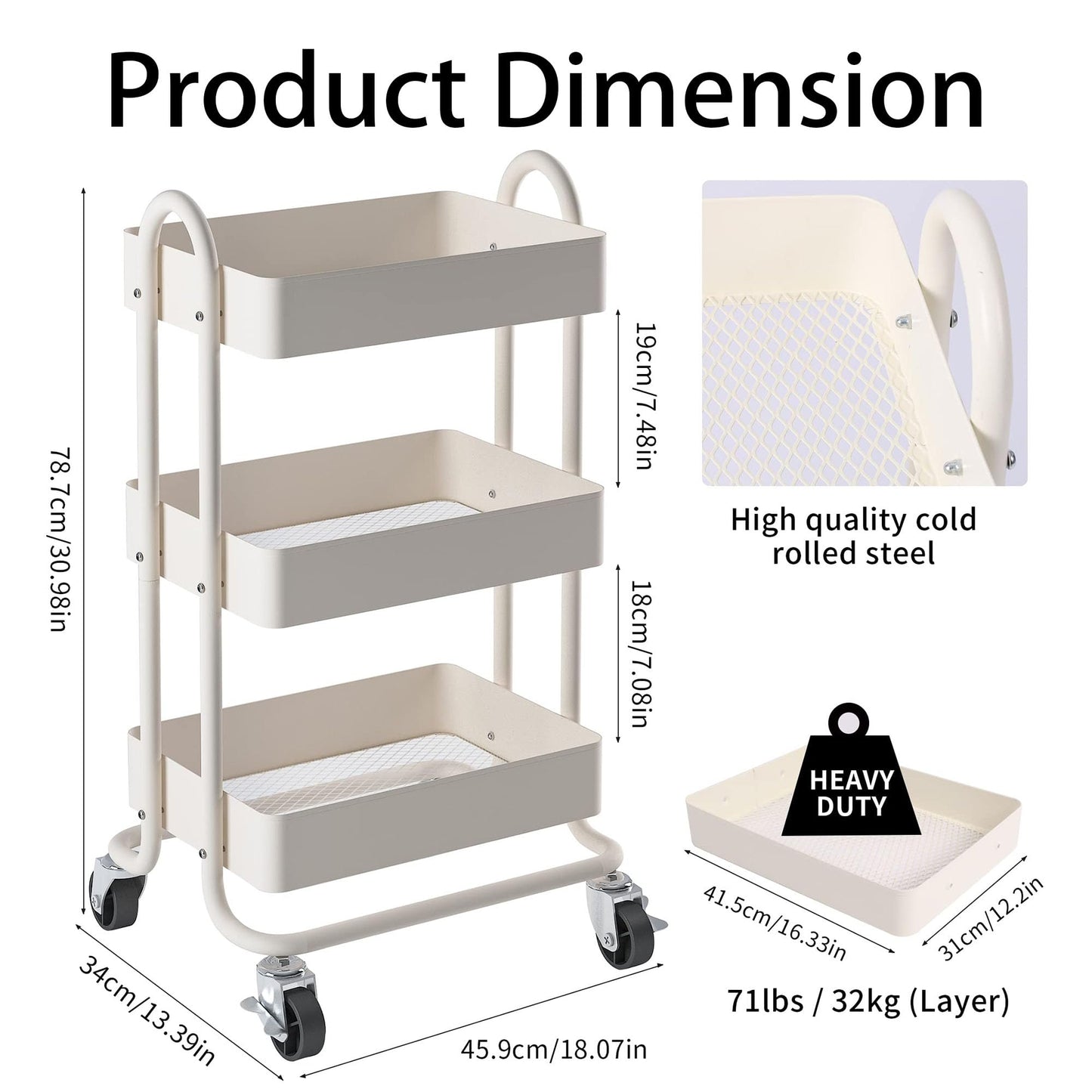 Elitehouse Metal Rolling Cart,3-Tier Metal Rolling Cart with Wheels,3 Tier Utility Cart with Wheels