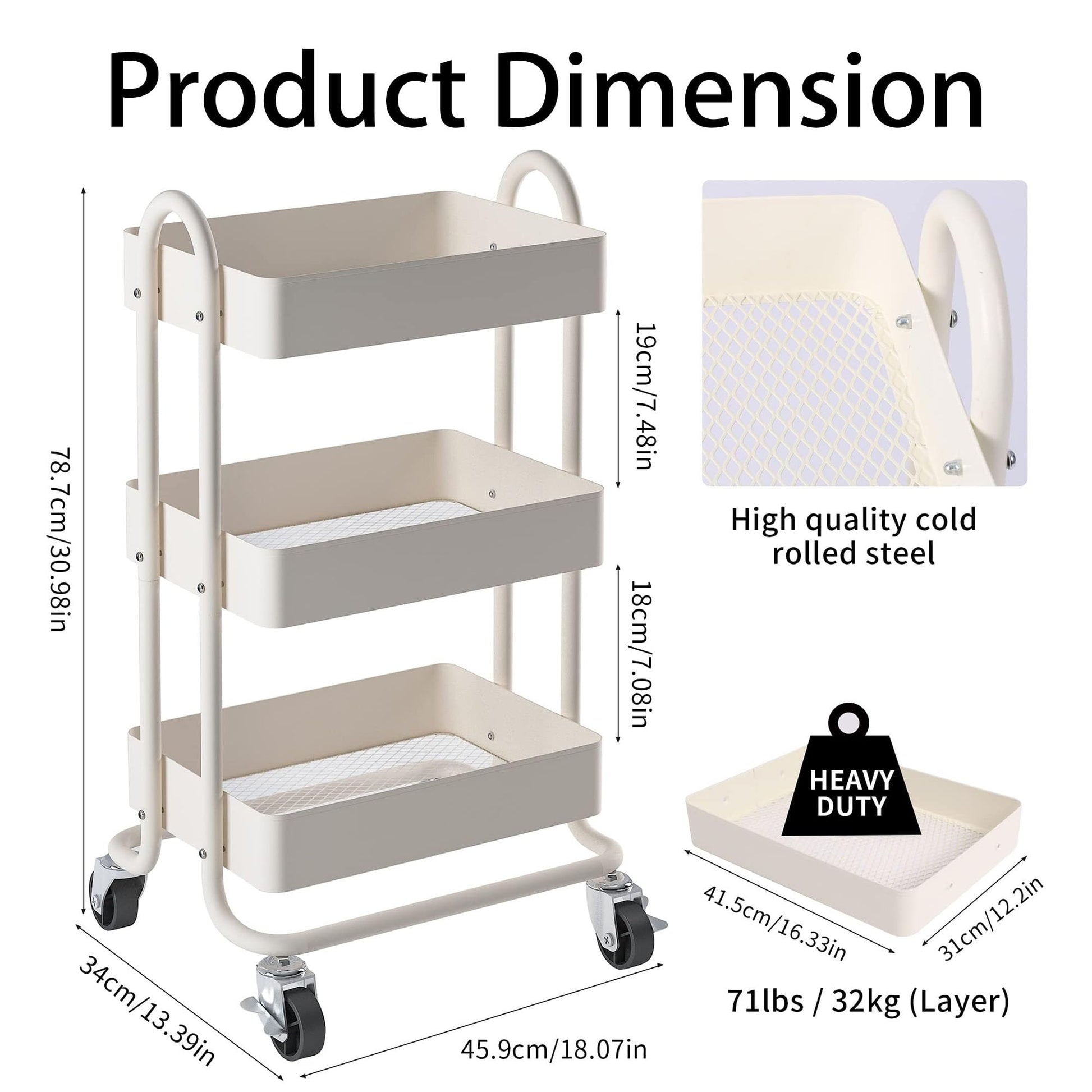 Elitehouse Metal Rolling Cart,3-Tier Metal Rolling Cart with Wheels,3 Tier Utility Cart with Wheels