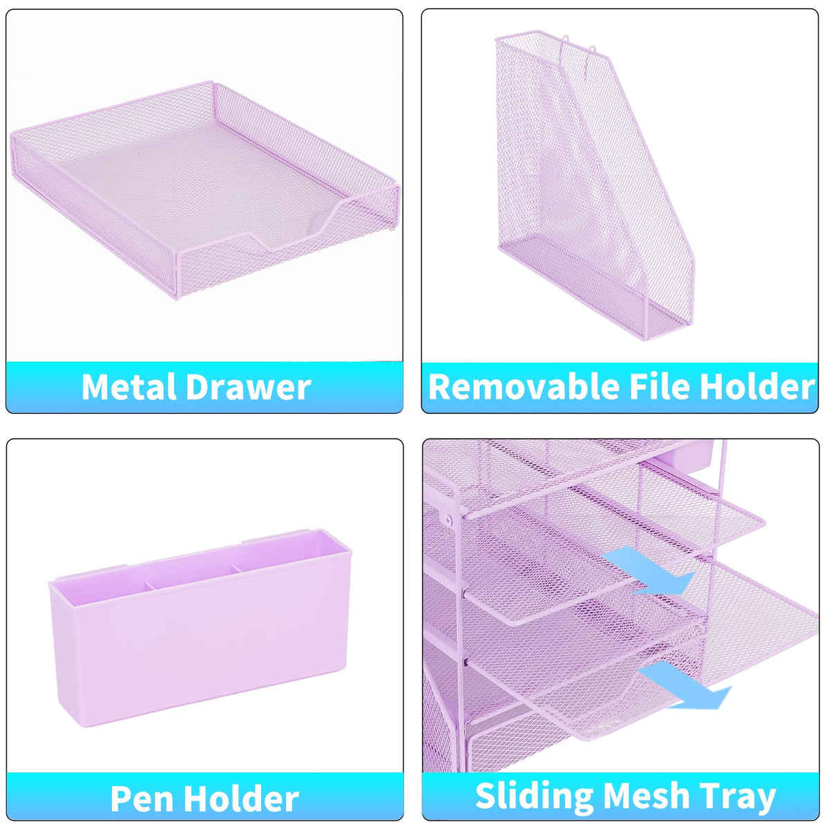 Gugsey 5-Tier Desk File Organizer with Drawer & Pen Holder (Purple)