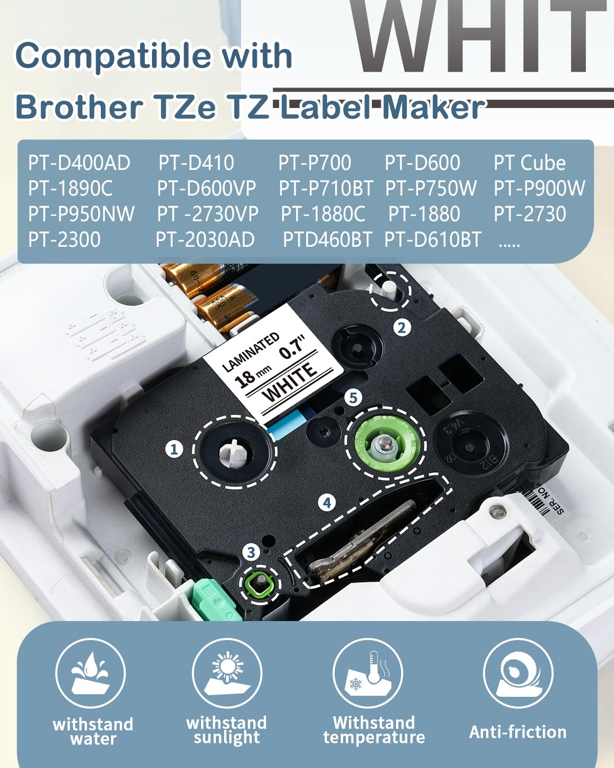 Replacement for 18mm 0.7 Laminated White TZe Tape Brother Label Maker Tape