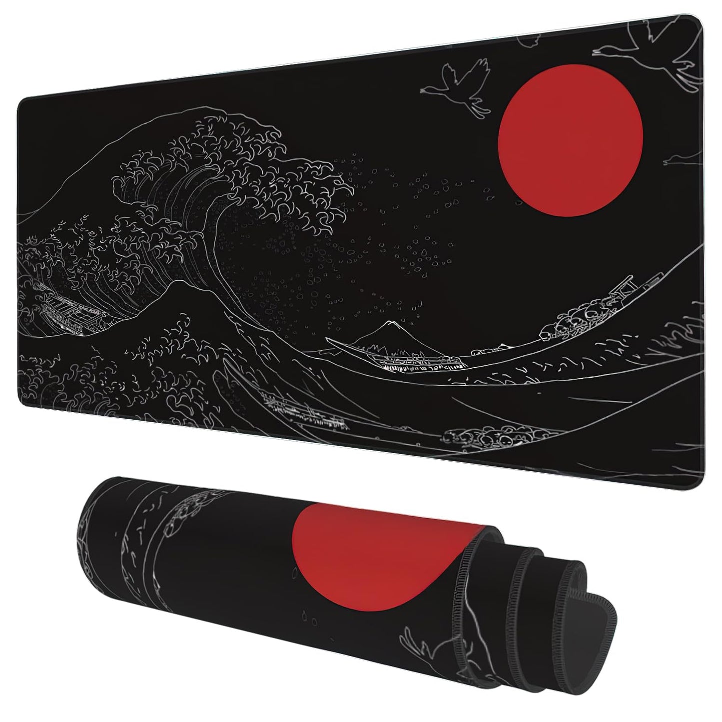 Desk Mat, Black Japanese Style Wave and Red Sun Extended Gaming Mouse Pad Large, 35.4"x15.7" Big